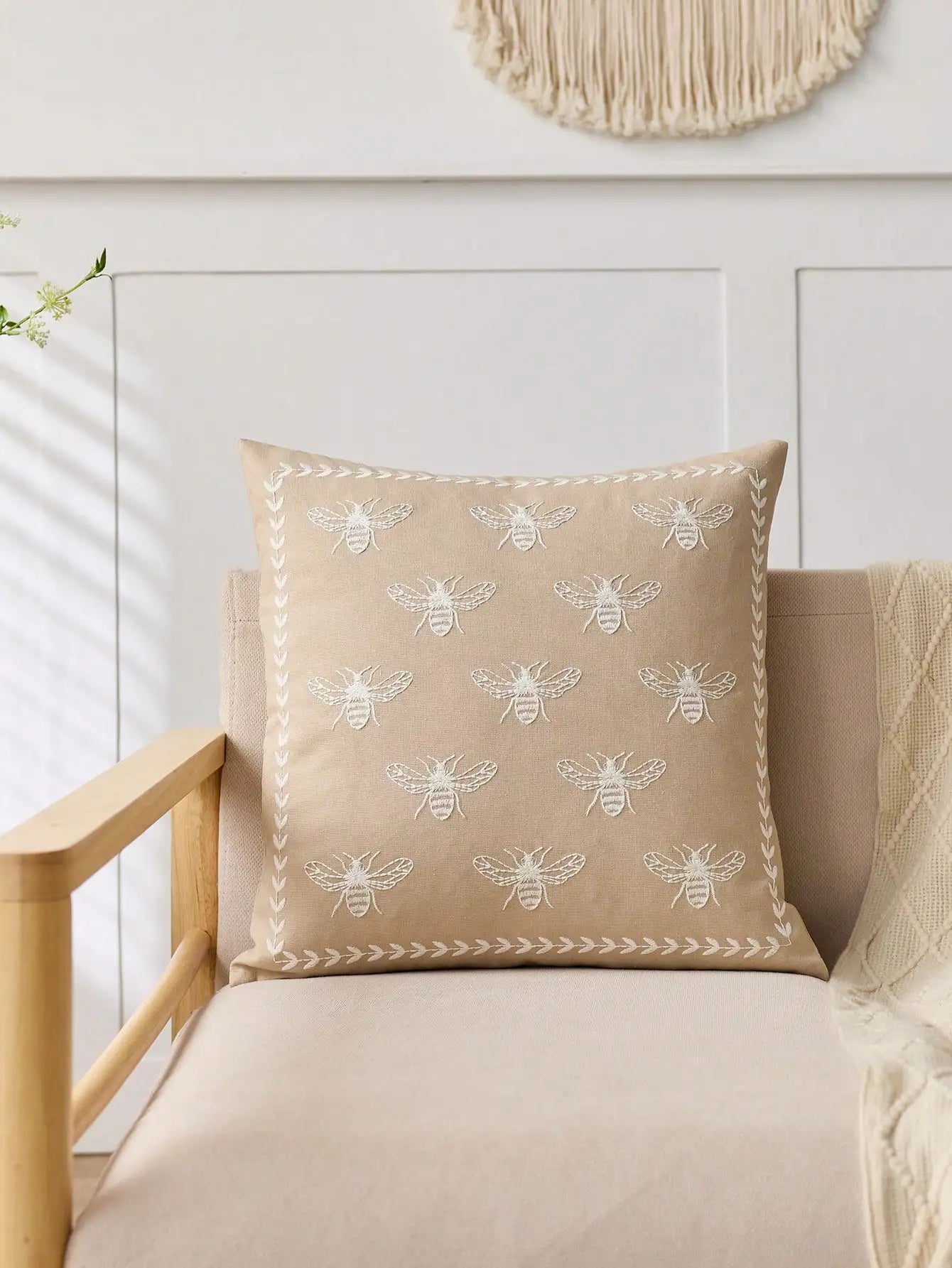 Beige Embroidered Bee Pillow Cover 1pc Indoor