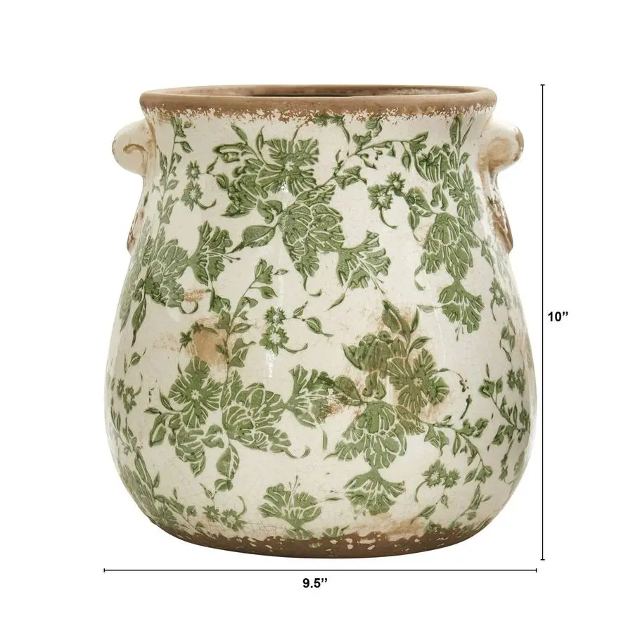 Natural 10in Ceramic Decorative Vase, Tuscan Style Green Scroll Design