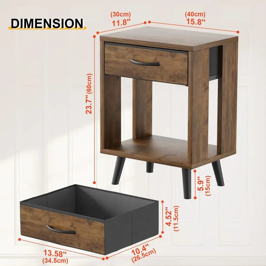 Nightstand Set of 2 with Fabric Drawers and Open Shelves