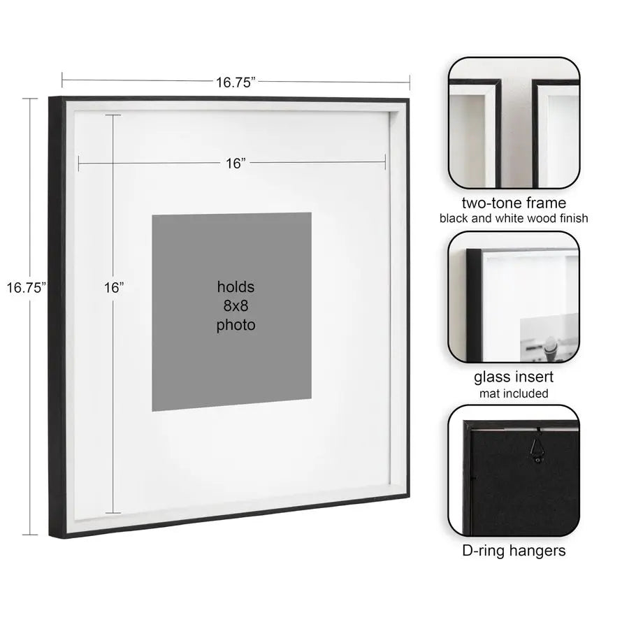 Gibson Modern Wall Picture Frame Set of 3 16x16 matted to 8x8 Black and White ThreePiece Frame Set for Gallery Wall Frame Set in