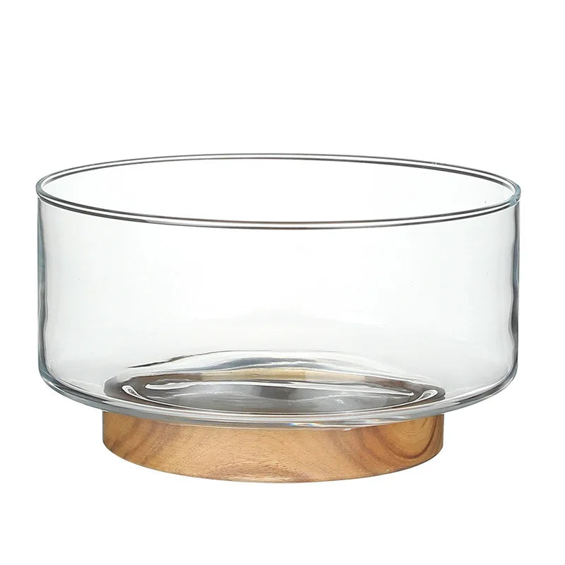 Glass Fruit Bowl Fashionable Brief Salad Plate Wood Base Snacks Nuts Storage Bowls Home