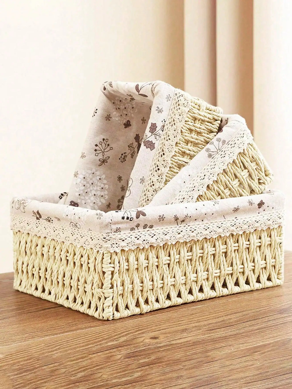 3Pcs  Woven Storage Baskets W/&W/O Cover