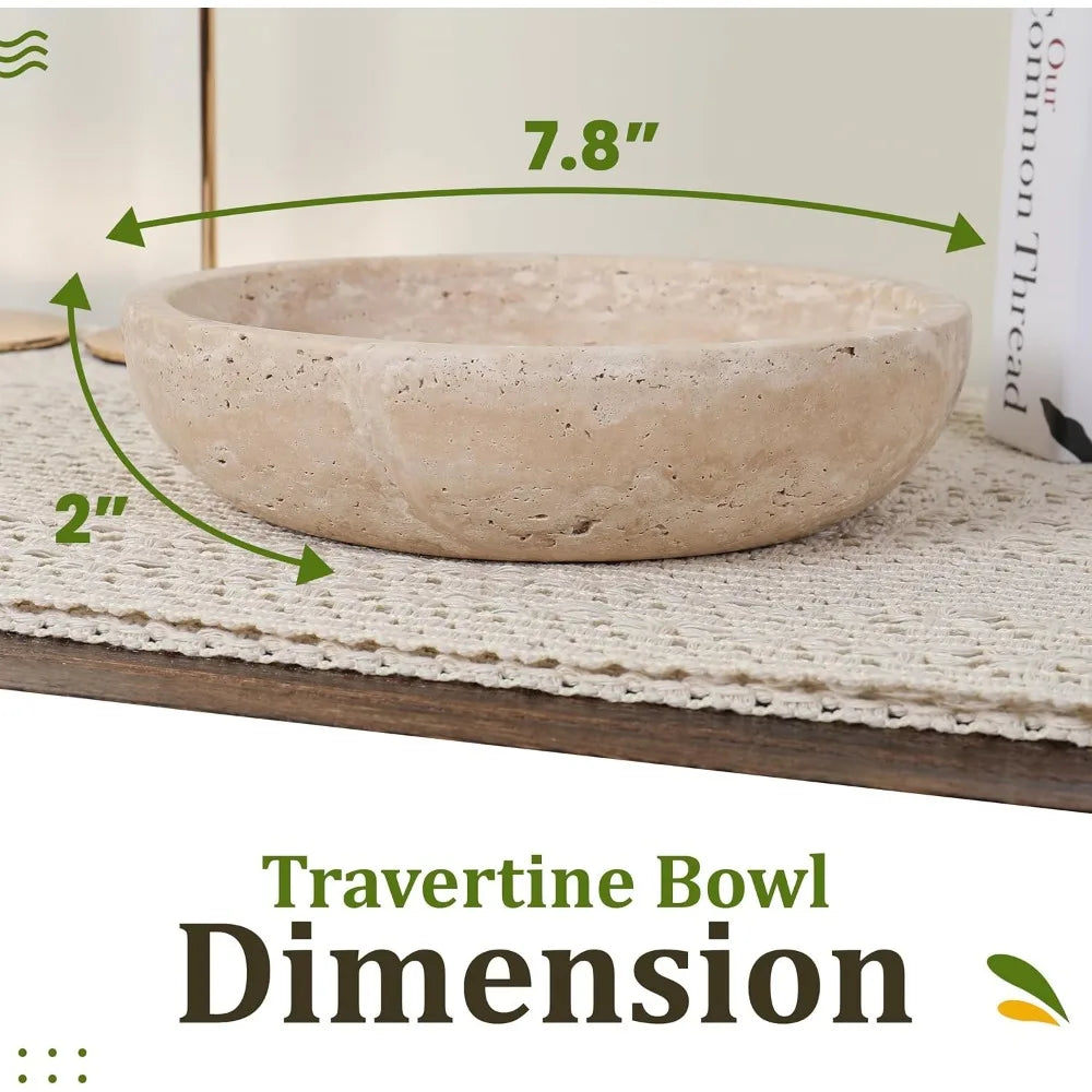 Travertine Decorative Bowl, 7.8" Diameter & 2" Height, Key Bowl for Entryway Table, Organic Modern Centerpiece in Beige/Natural