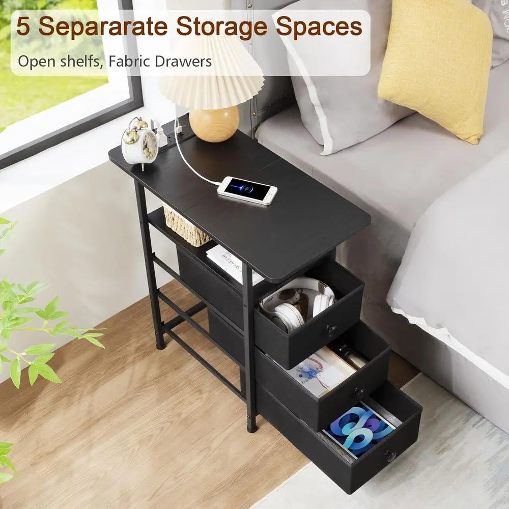 End Tables Living Room Charging Station, Narrow Side Table USB Ports Outlets, Slim Nightstand 3 Drawers Bedroom, Small Space, Bl