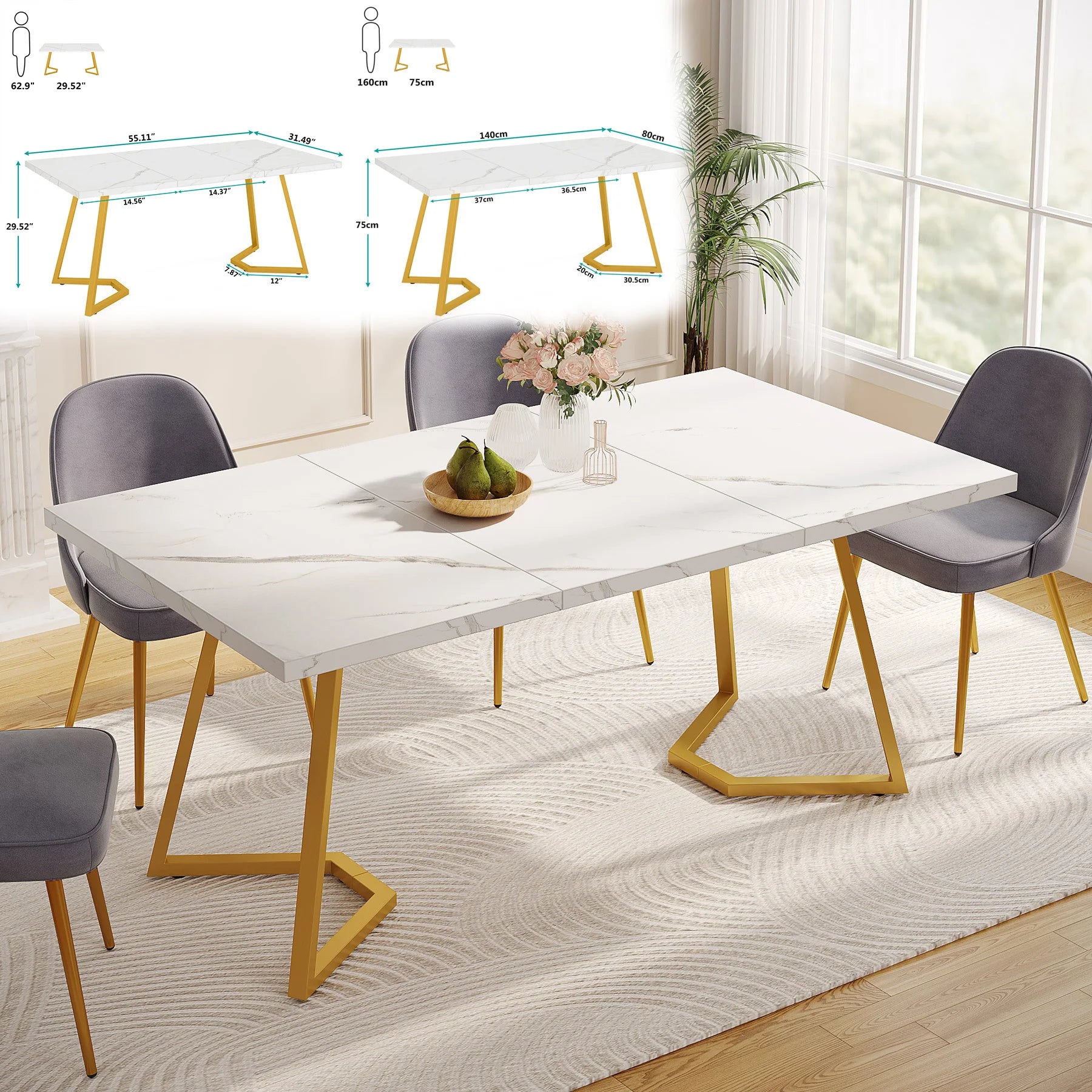 Tribesigns 63-Inch Rectangular Dining Table for 4 to 6, able with Faux Marble Table Top,