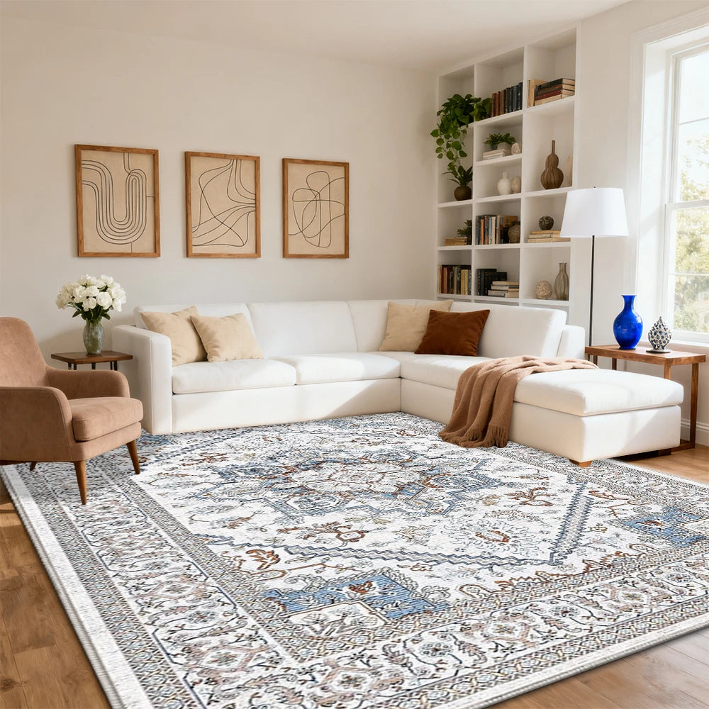 8x10 Area Rugs for Living Room: Washable Rug Stain Resistant Distressed Vintage Floral Rug Non Slip Low Pile Faux Wool
