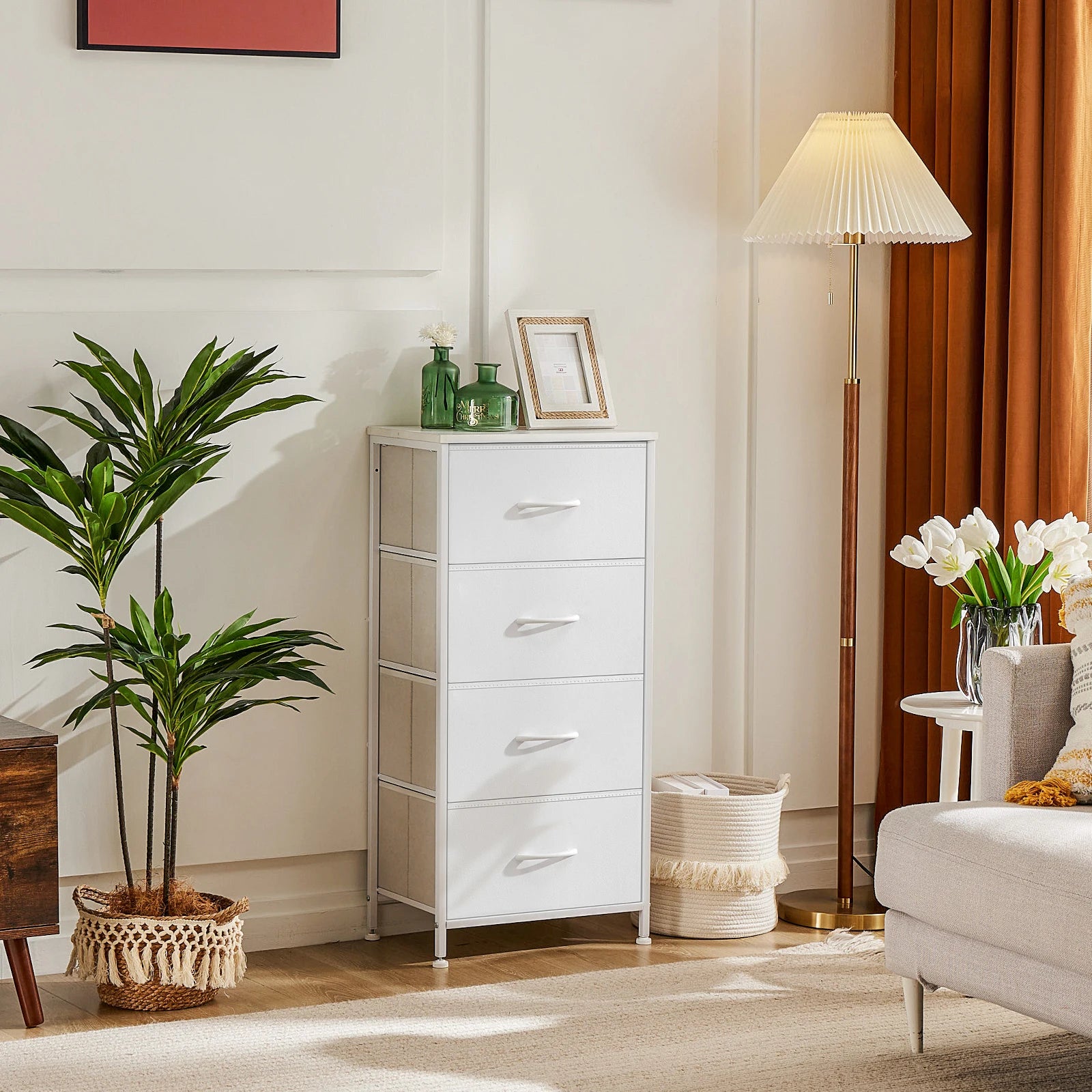 JHK Dresser For Bedroom With 4 Fabric Drawers Nightstand Wardrobe Steel Frame Closet