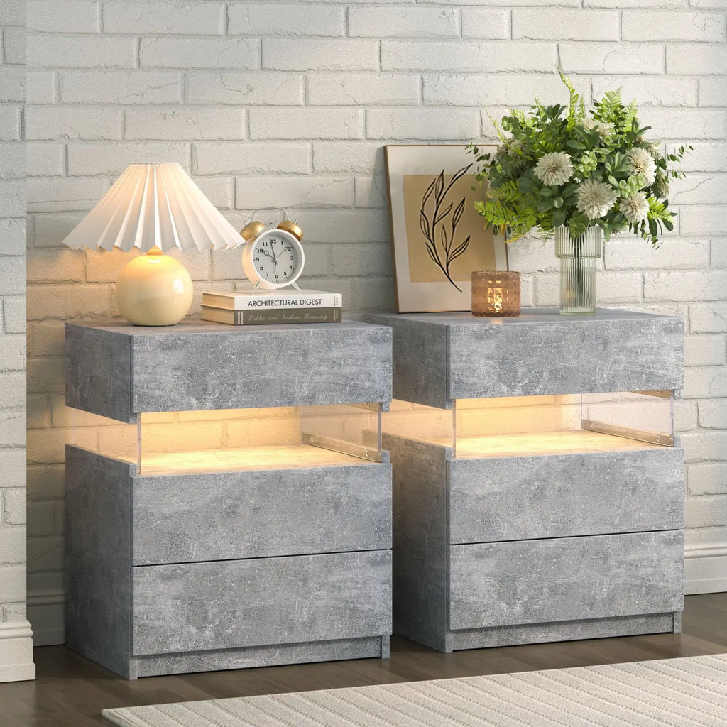 Cubehom Bedside Tables 2 Set with LED Lighting White Bedside Table with 3 Drawers