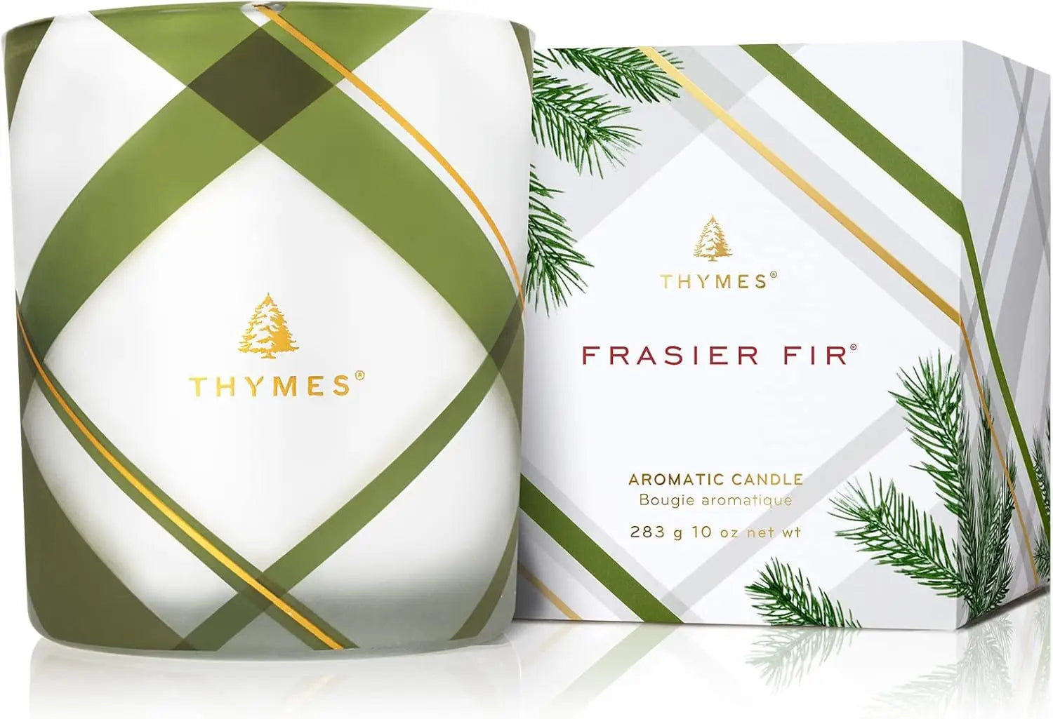 Frasier Fir Scented Candle - Frosted Plaid Design, Green & White Jar, Crisp Siberian Fir & Cedarwood Aroma (10 oz)