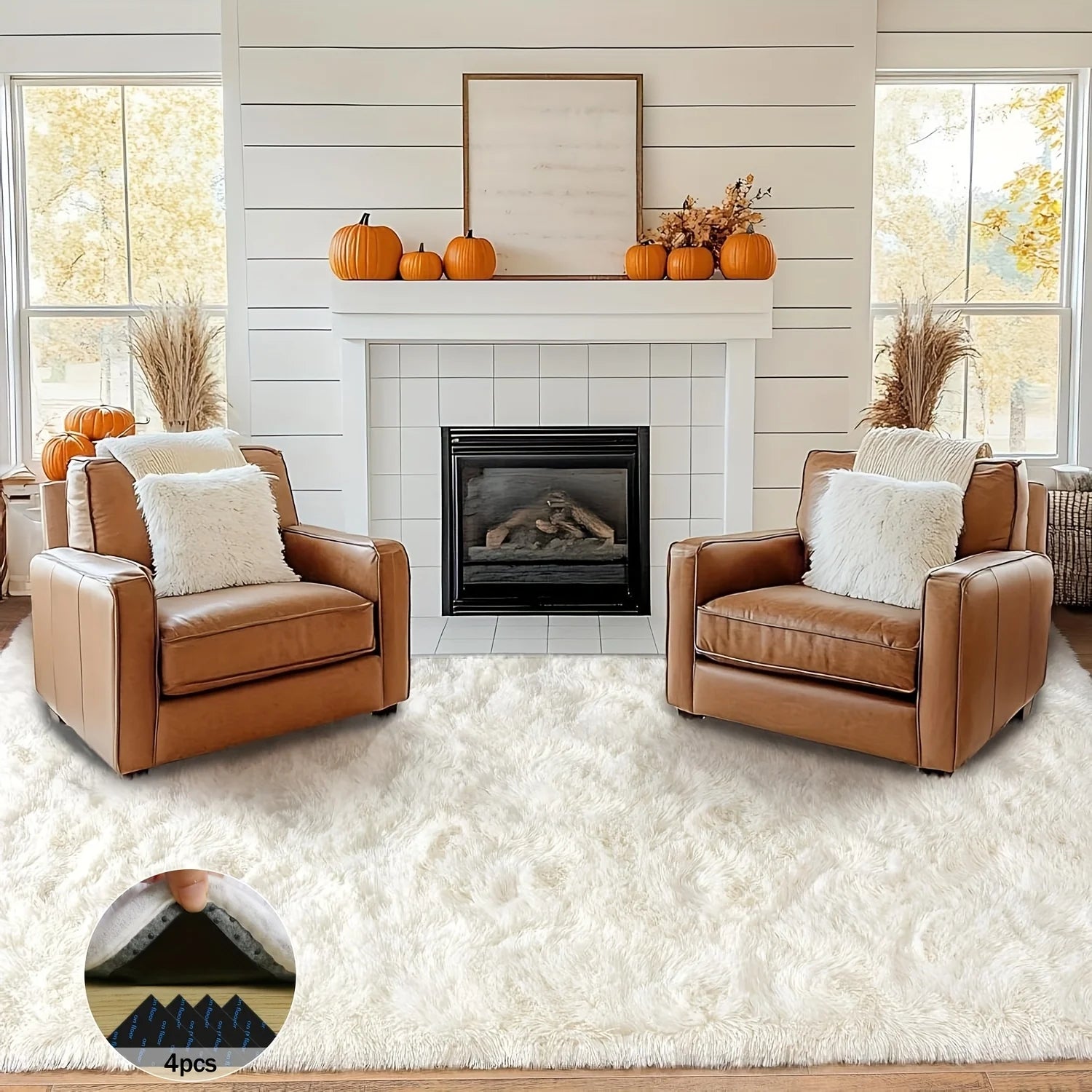 Off-White Soft Shaggy Non-Slip Rugs  Luxury Plush Carpet with 4 Rug Sticker