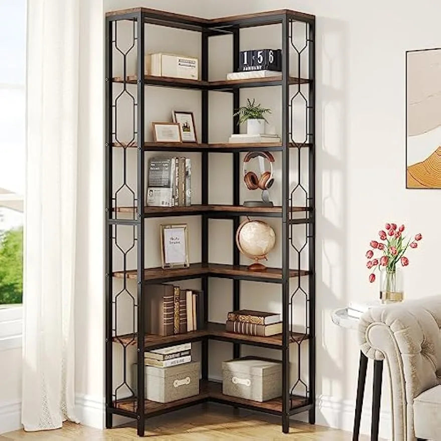 Corner Shelf, 7-Tier Industrial Corner Bookshelf, Freestanding Display Shelf