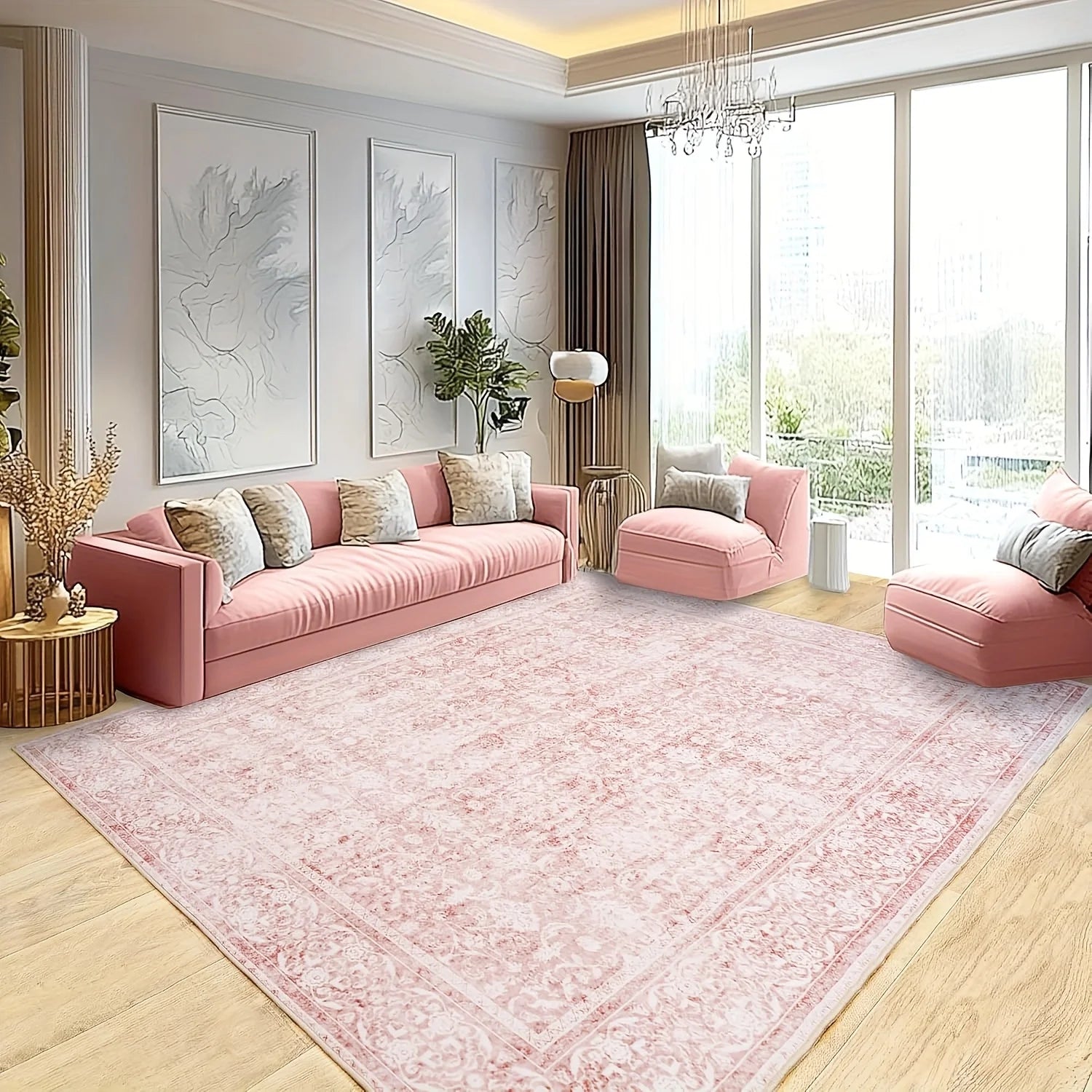 Gnizama pink floral full wall living room large area rug, washable vintageo