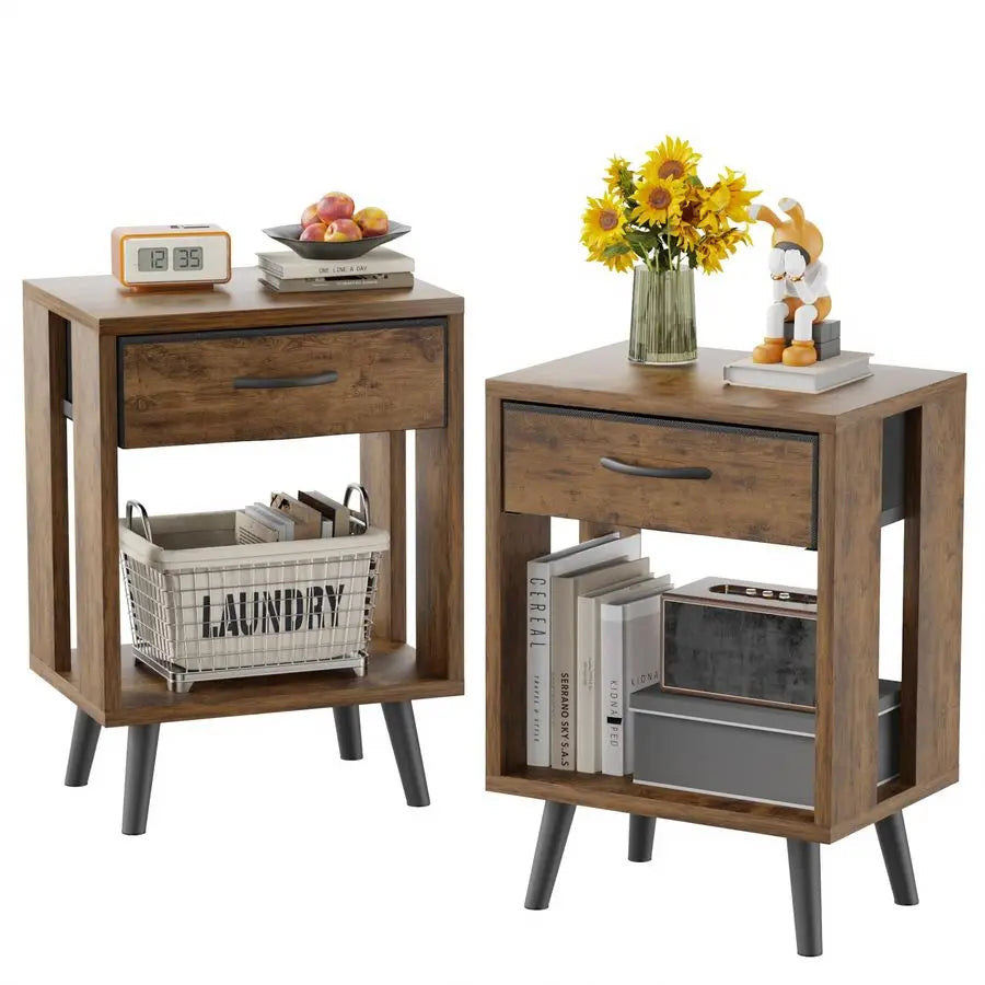 Nightstand Set of 2 with Fabric Drawers and Open Shelves