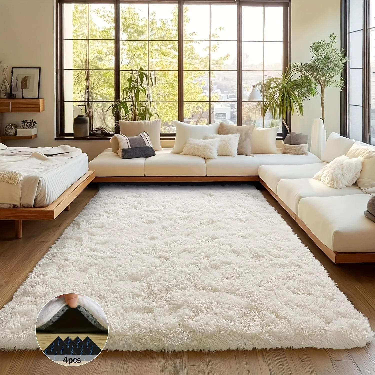 Off-White Soft Shaggy Non-Slip Rugs  Luxury Plush Carpet with 4 Rug Sticker