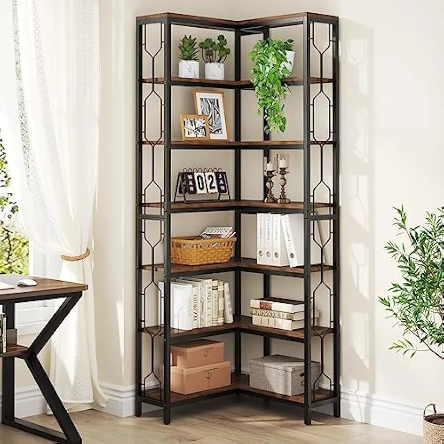 Corner Shelf, 7-Tier Industrial Corner Bookshelf, Freestanding Display Shelf