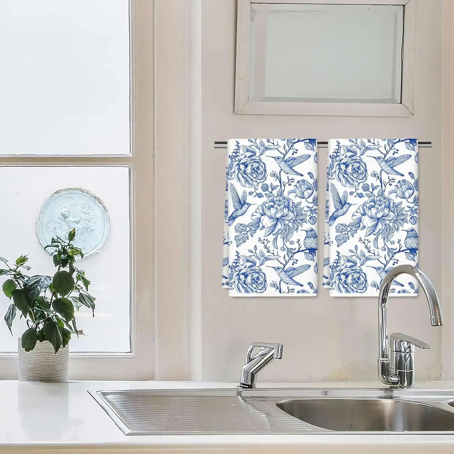 Chinoiserie Floral Kitchen Towels Blue White Flowers Bird Dish Towels