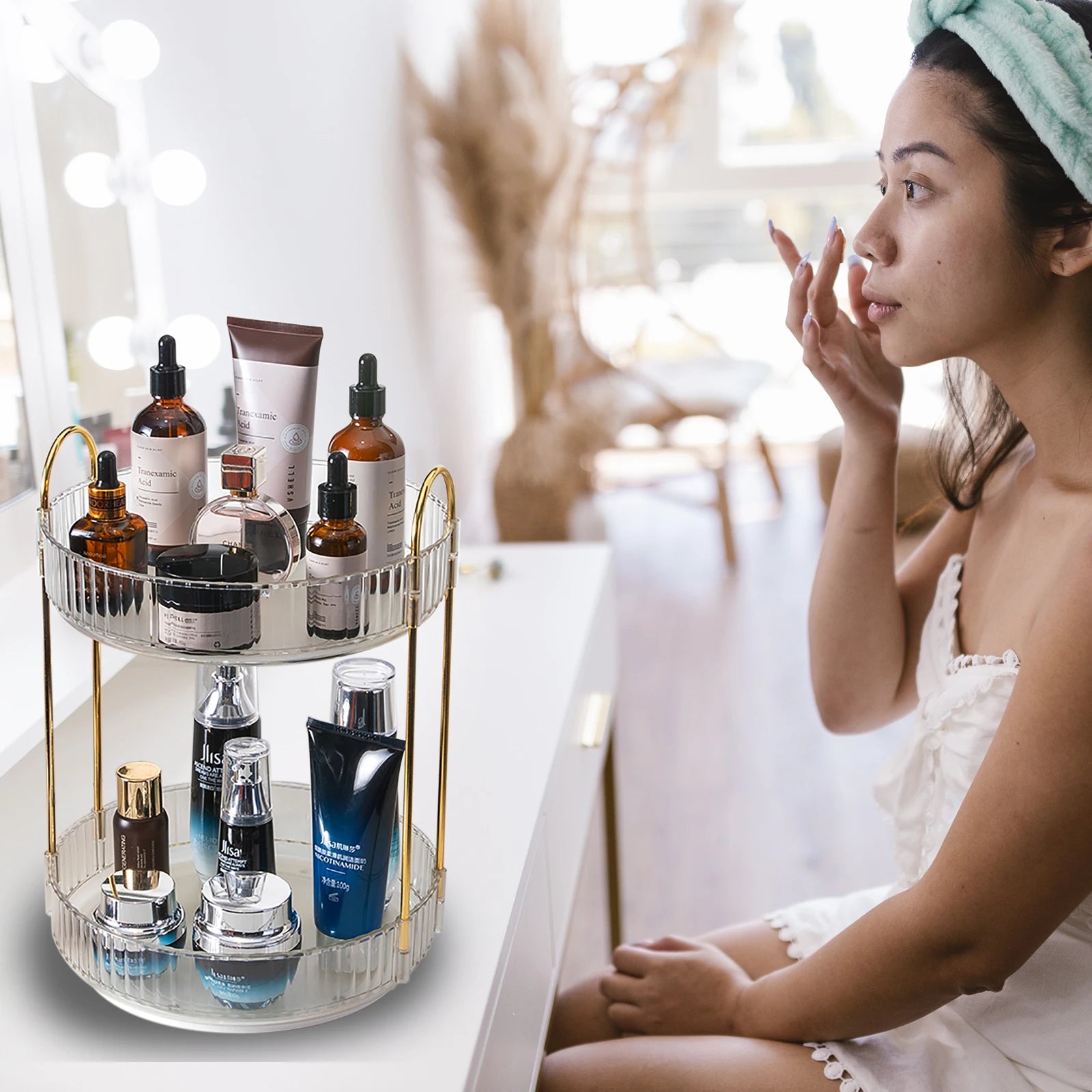 Rotating Makeup Organizer for Vanity, High-Capacity Skincare Storage Perfume