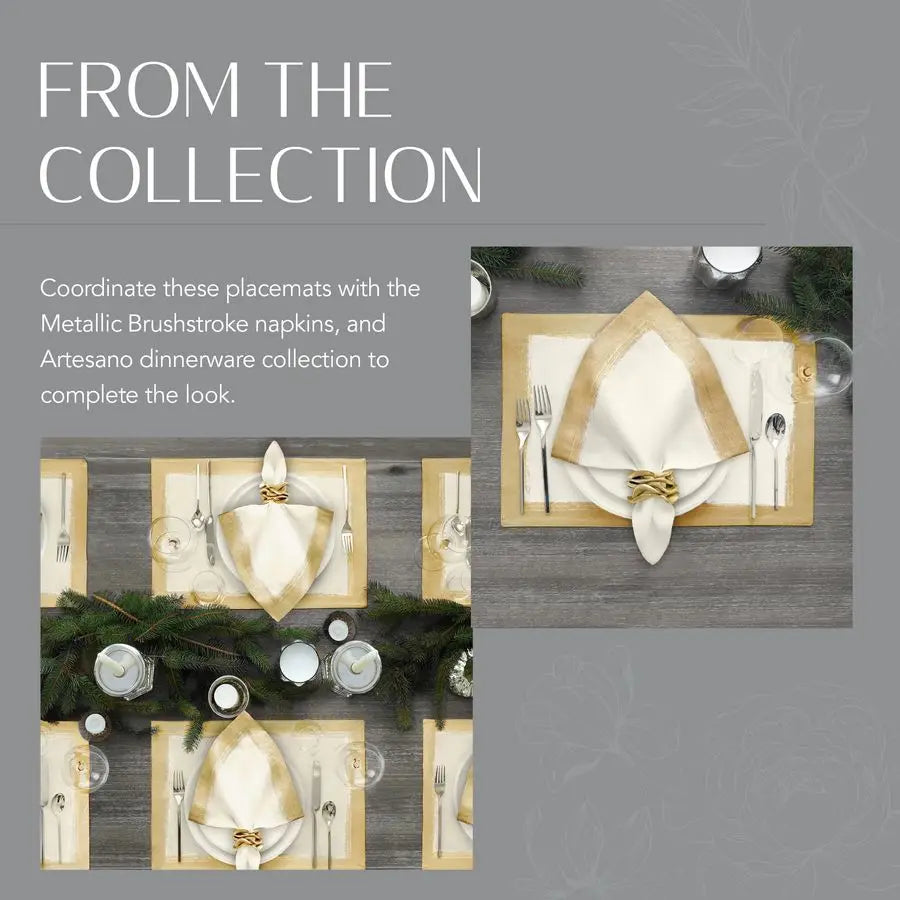 Metallic Brushstroke Modern Linen Blend Placemat Set, 14 Inches x 20 Inches, Set of 4, Ivory and Gold