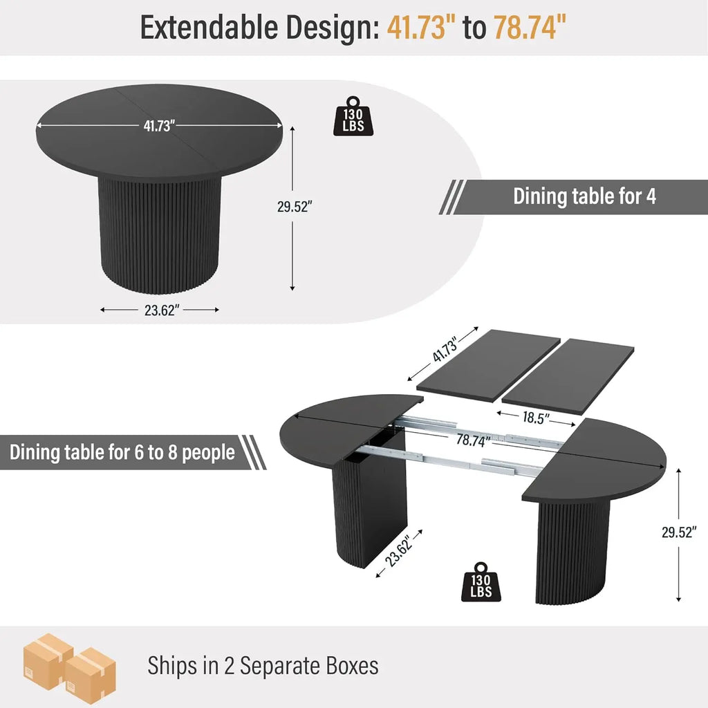 Extendable Dining Table 41-78in Seats 4-8 Round Expandable Kitchen Fluted Base Customized