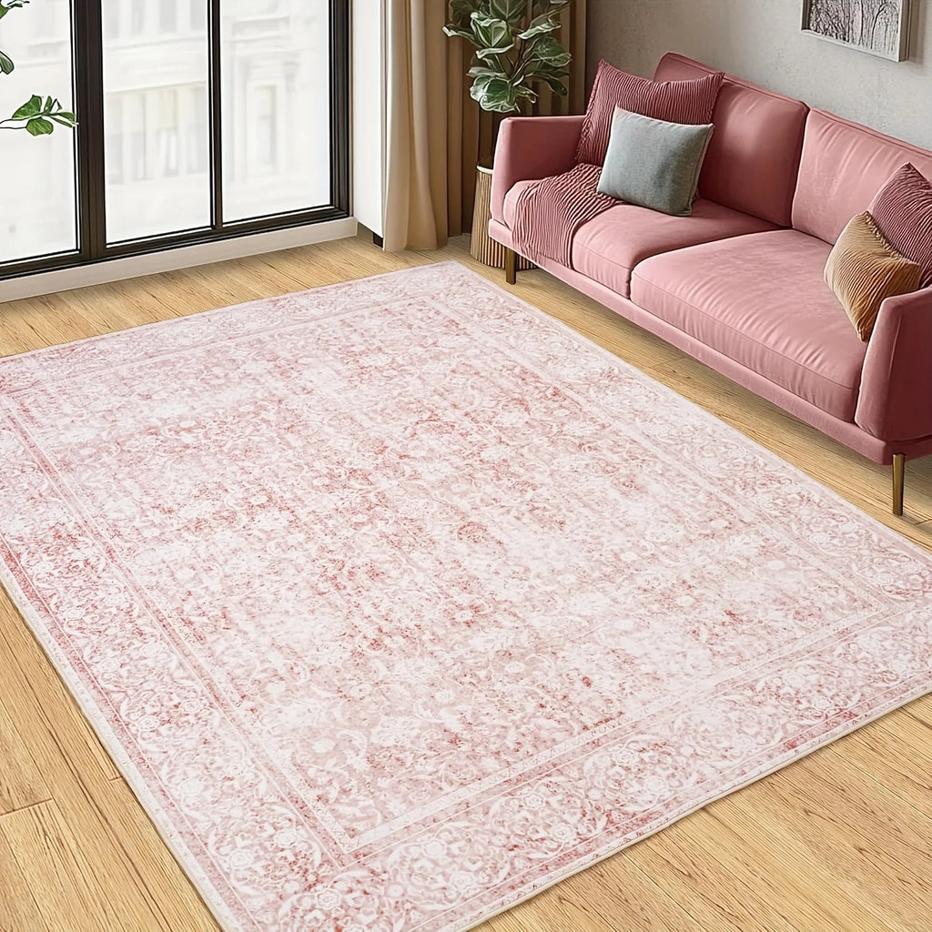 Gnizama pink floral full wall living room large area rug, washable vintageo