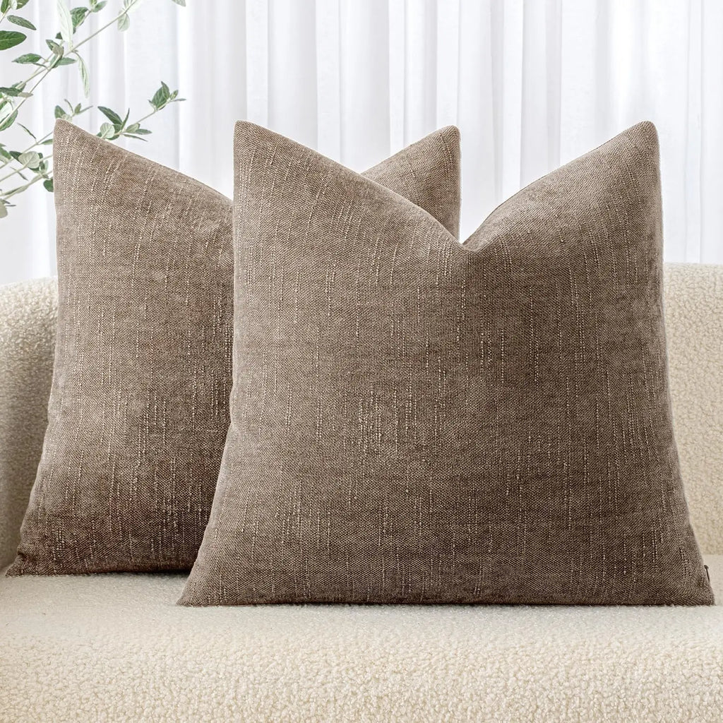 Soft Chenille Throw Pillow Covers, Neutral Farmhouse Style, 20x20 Pack of 2