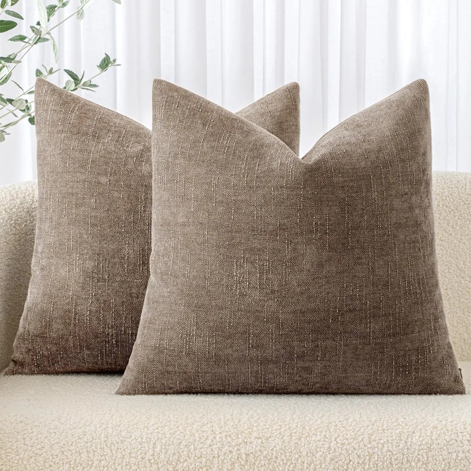 Soft Chenille Throw Pillow Covers, Neutral Farmhouse Style, 20x20 Pack of 2
