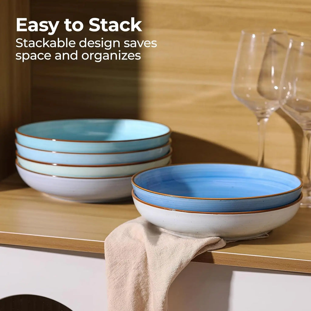 8.5'' Ceramic Pasta Bowls Set of 6, 30 oz Shallow Salad & Soup, Microwave & Dishwasher Safe Dinnerware in Gradient Blue