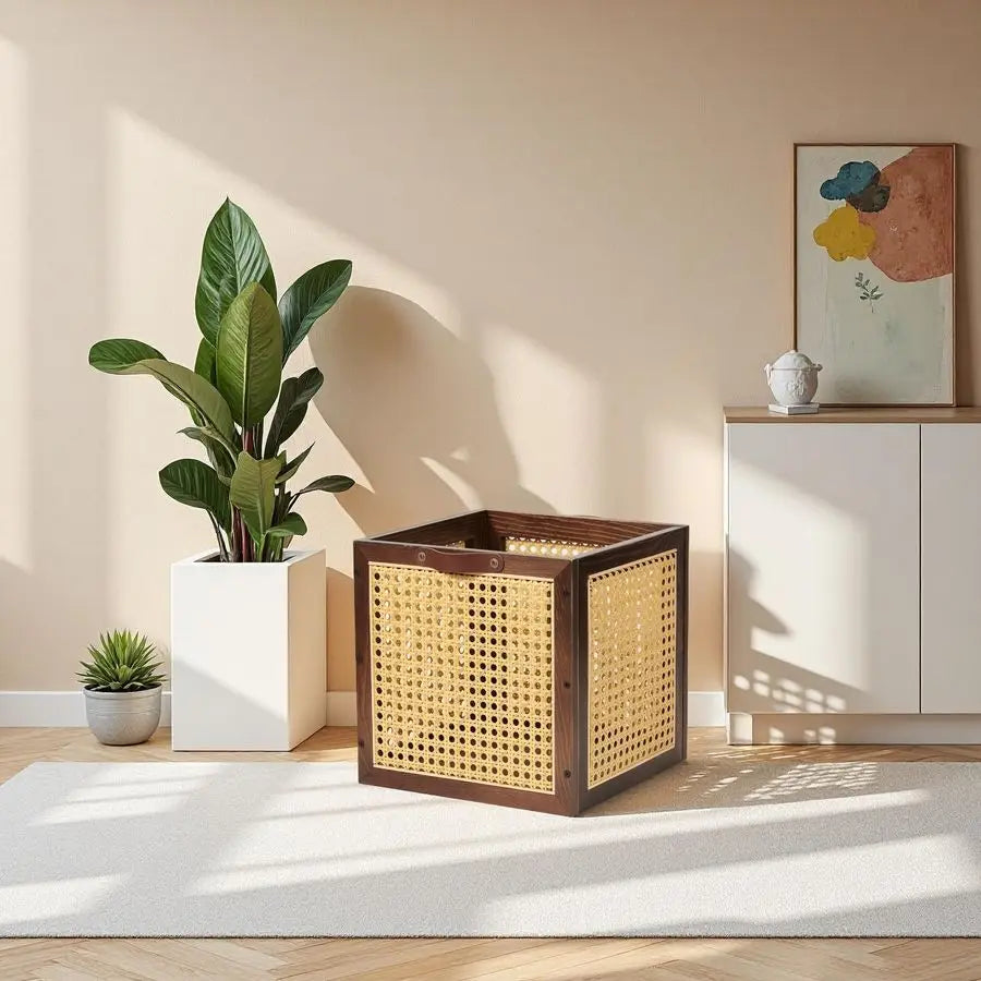 Rattan Storage Cubes Wooden Storage Baskets Boxes Decorative Natural Handmade Solid Wood Woven Wicker Cane