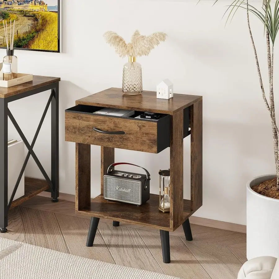 Nightstand Set of 2 with Fabric Drawers and Open Shelves
