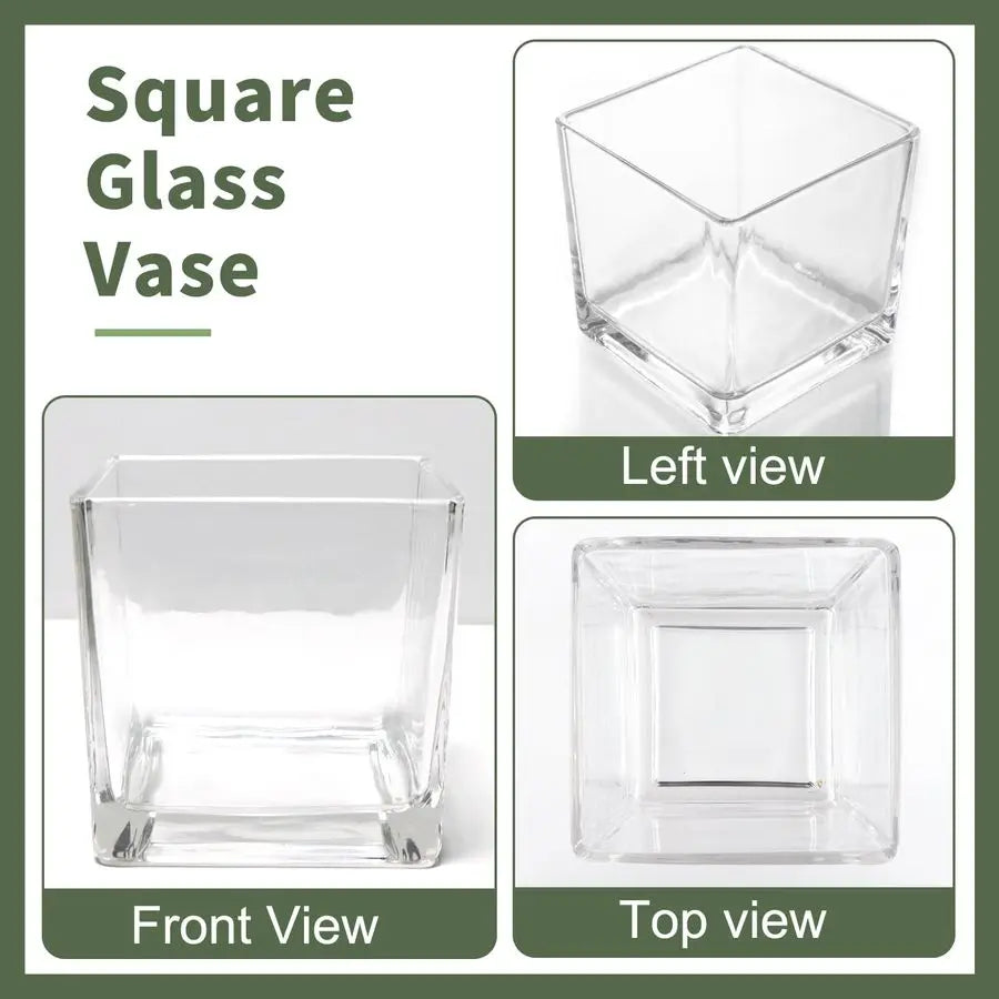6 Pack Square Glass Vases 5 x 5 x 5 Inch, Clear Cube