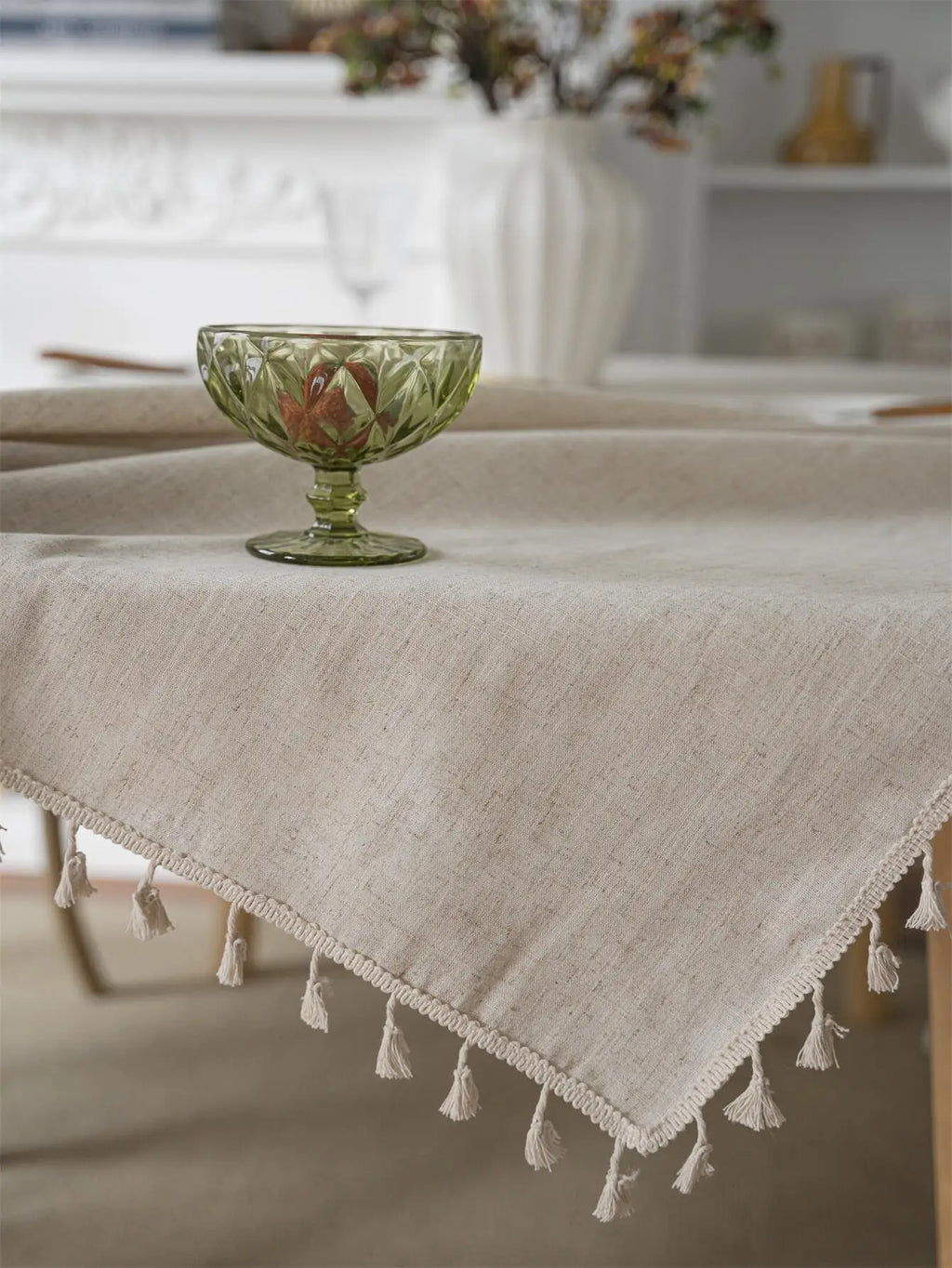 Four seasons universal linen solid color rectangular tablecloth Beige fringe