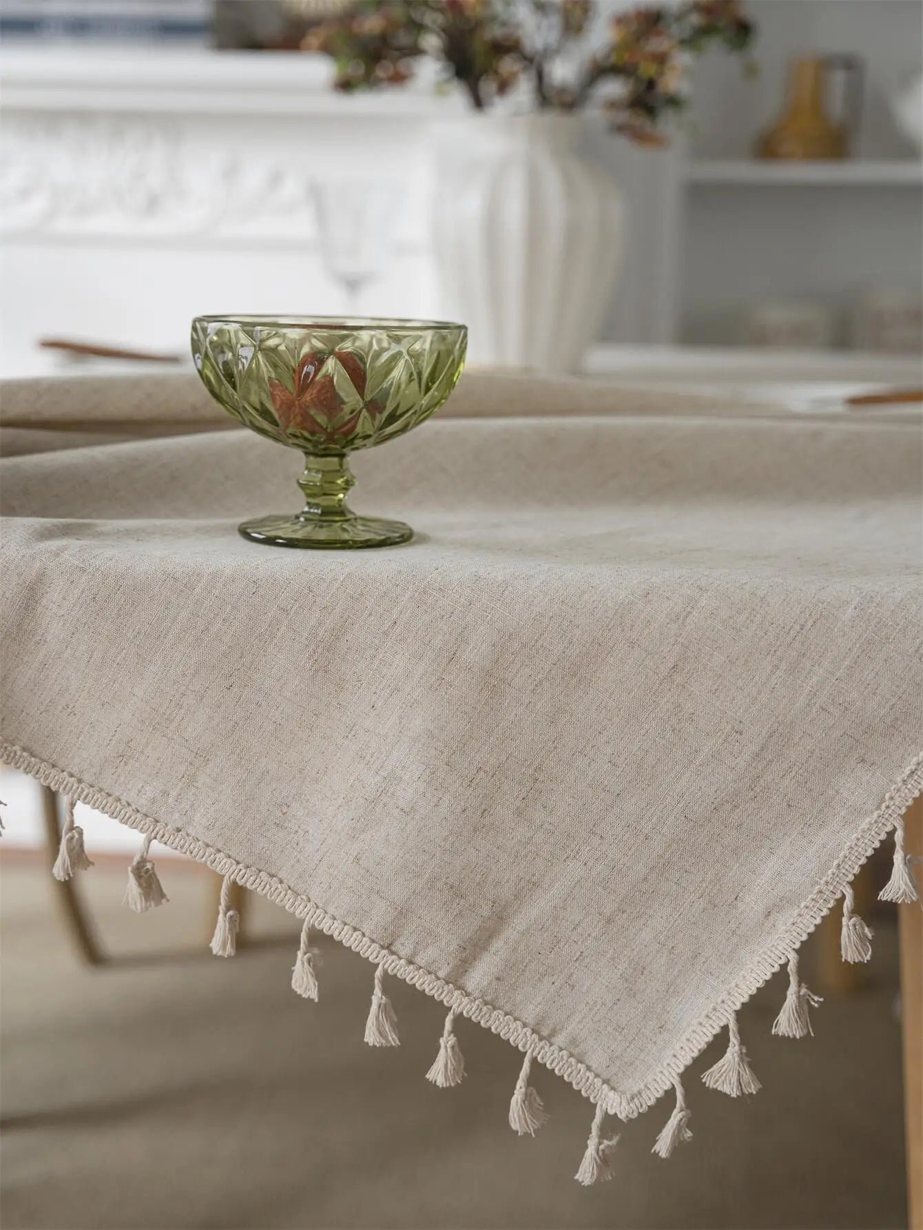 Four seasons universal linen solid color rectangular tablecloth Beige fringe
