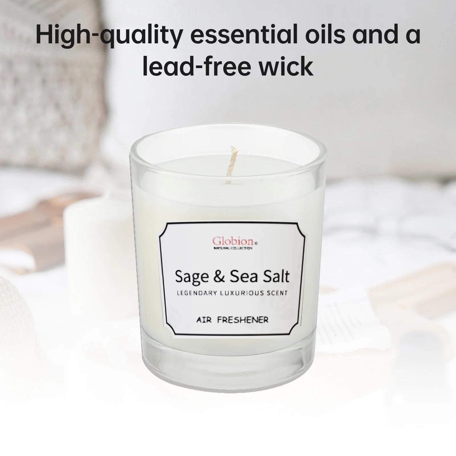 Scented Candle Sage and Sea Salt Aromatherapy Candle Glass Jar + Lid 7oz 45 Hours Burn Time