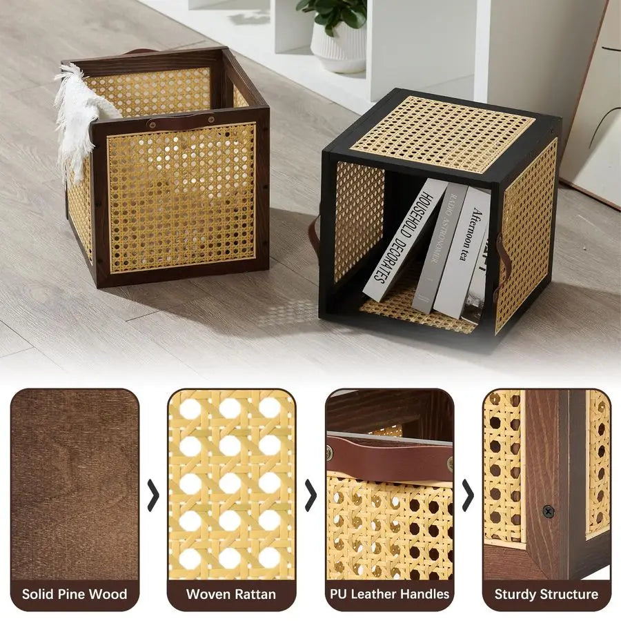 Rattan Storage Cubes Wooden Storage Baskets Boxes Decorative Natural Handmade Solid Wood Woven Wicker Cane