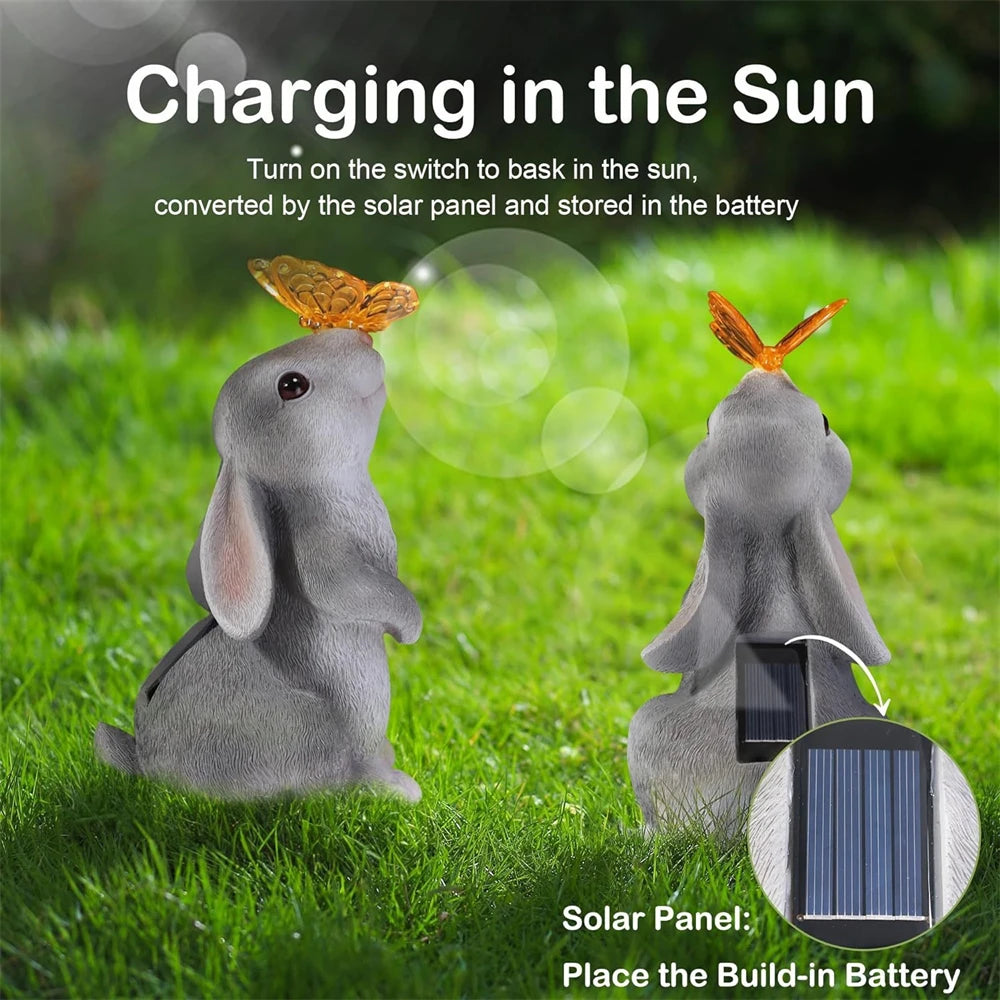 Solar Bunny Statue Garden Decor with Butterfly LED Lighimal Sculpture Figurine Outdoor Decoration for Garden Courtyard