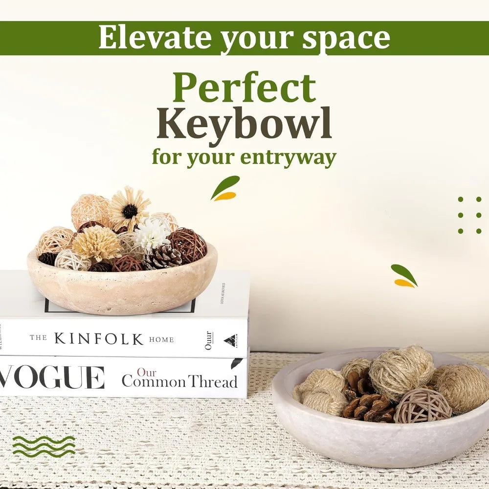 Travertine Decorative Bowl, 7.8" Diameter & 2" Height, Key Bowl for Entryway Table, Organic Modern Centerpiece in Beige/Natural