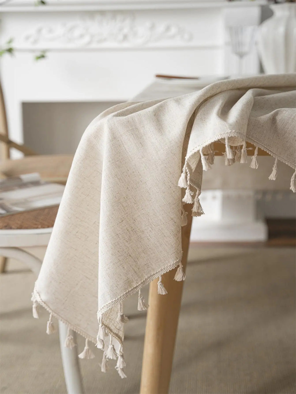 Four seasons universal linen solid color rectangular tablecloth Beige fringe
