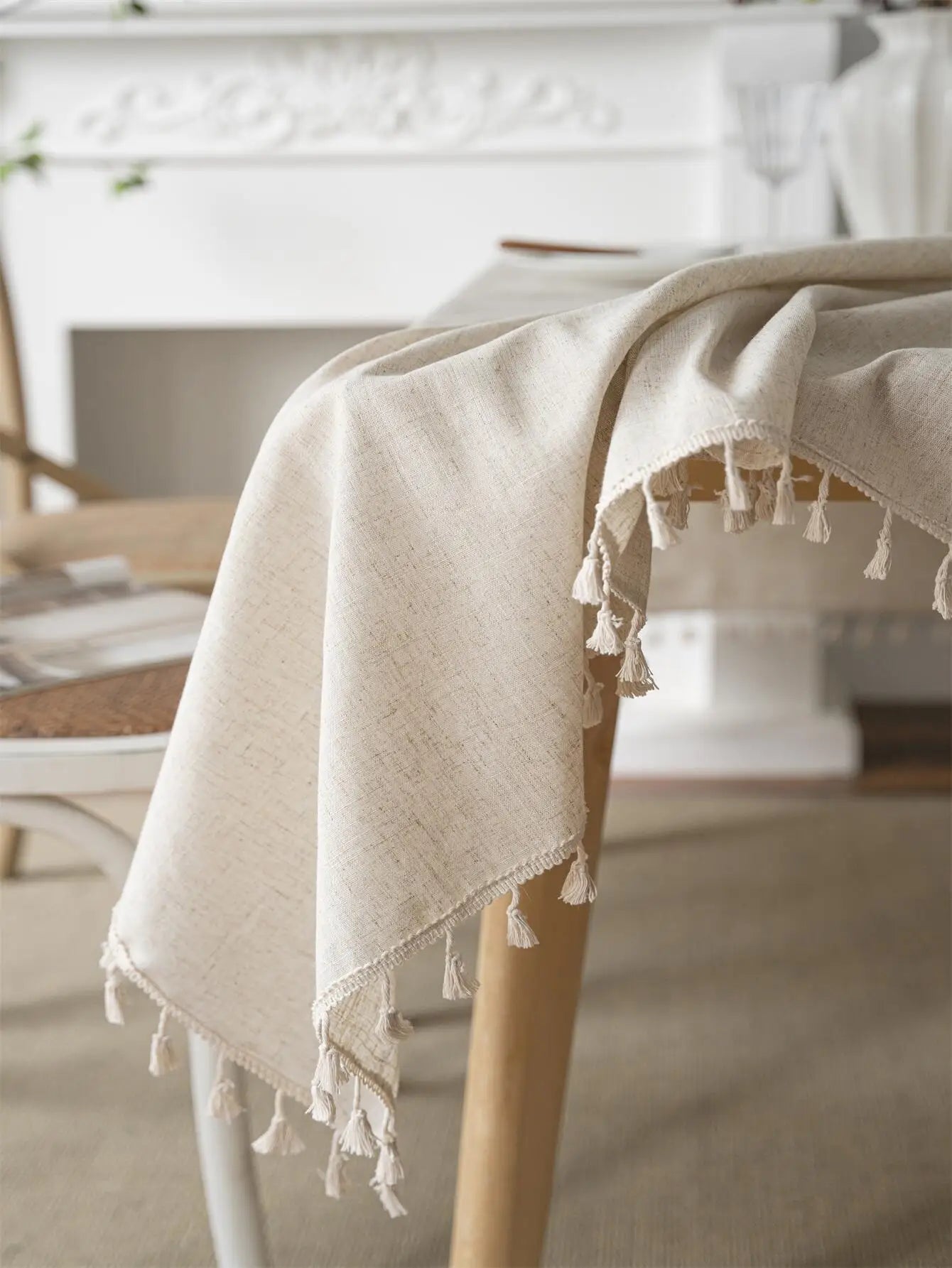 Four seasons universal linen solid color rectangular tablecloth Beige fringe