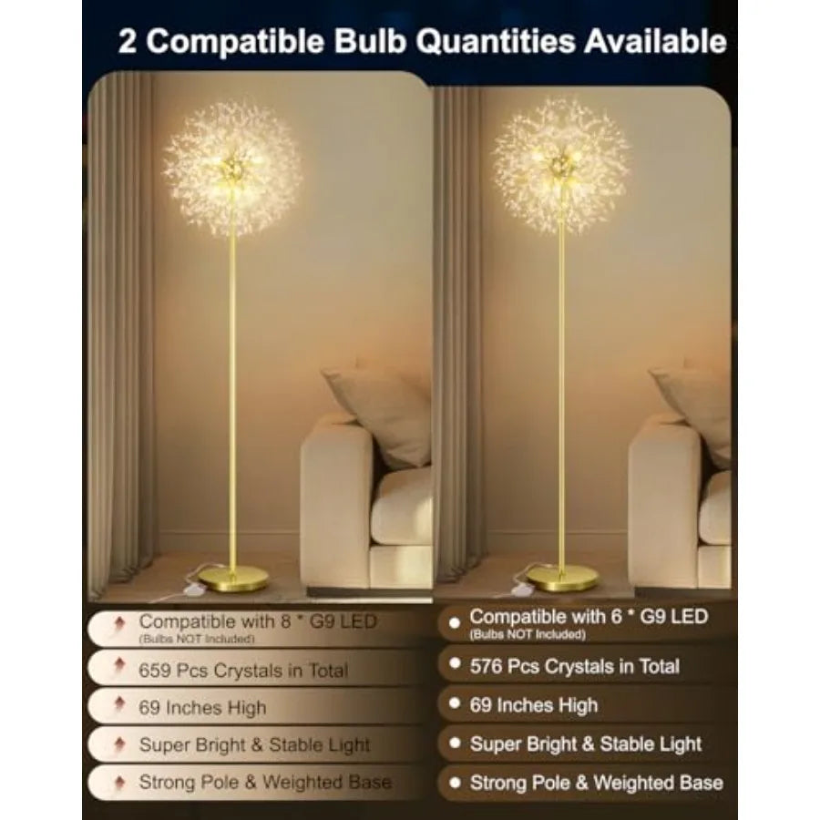 Crystal Floor Lamp for Living Room Standing Lamp with On/Off Foot SwitchGold Floor Lighting with 576 PCS K9 Crysta