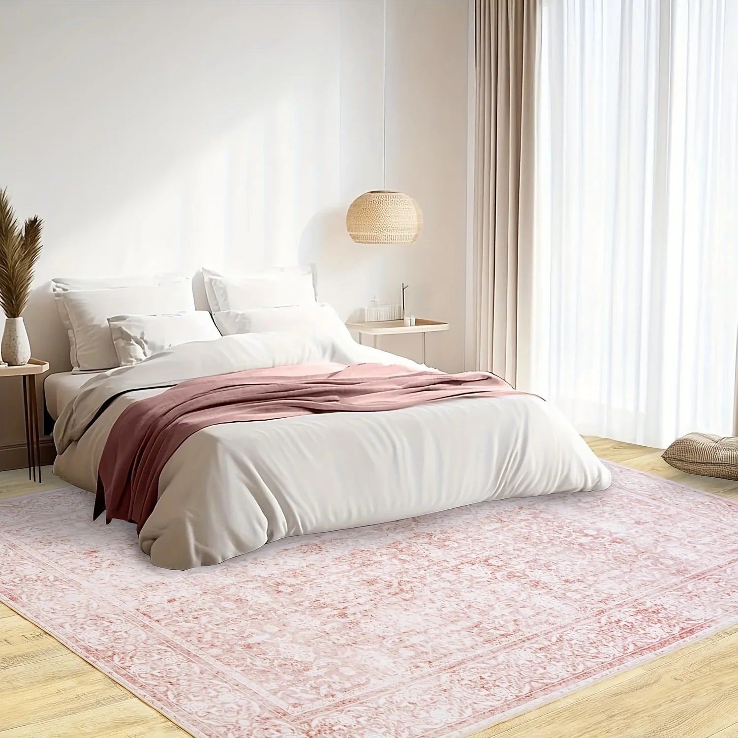 Gnizama pink floral full wall living room large area rug, washable vintageo