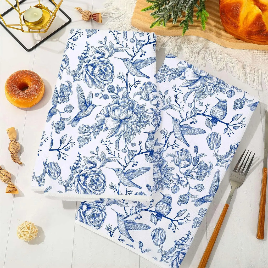 Chinoiserie Floral Kitchen Towels Blue White Flowers Bird Dish Towels