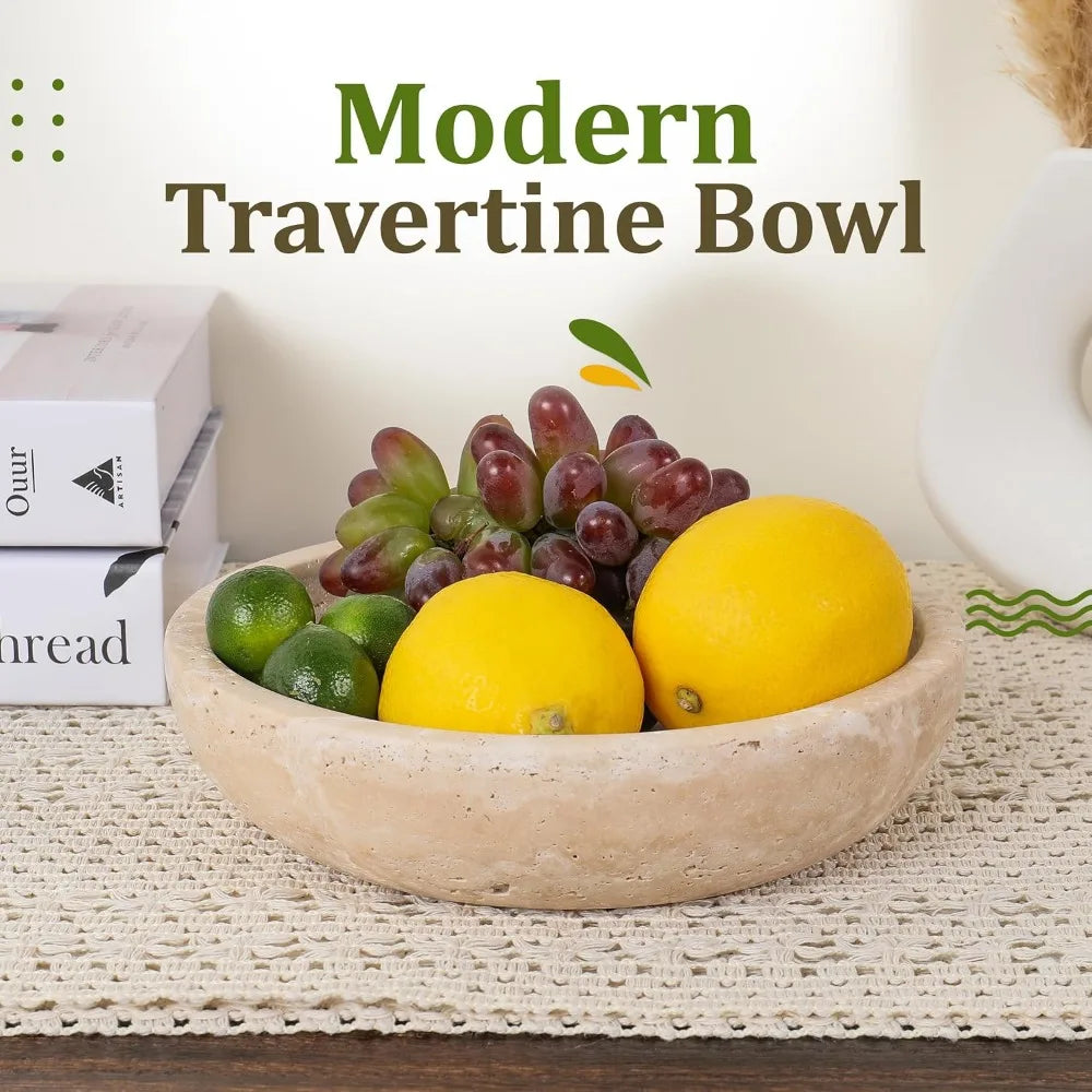 Travertine Decorative Bowl, 7.8" Diameter & 2" Height, Key Bowl for Entryway Table, Organic Modern Centerpiece in Beige/Natural