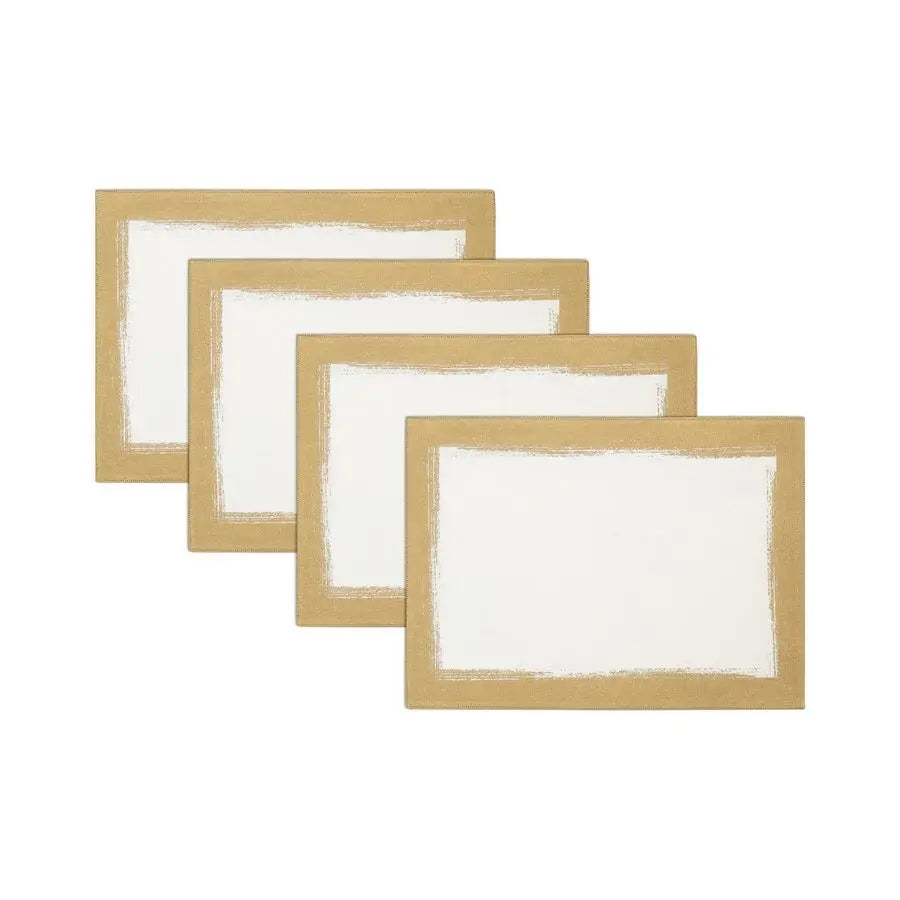 Metallic Brushstroke Modern Linen Blend Placemat Set, 14 Inches x 20 Inches, Set of 4, Ivory and Gold