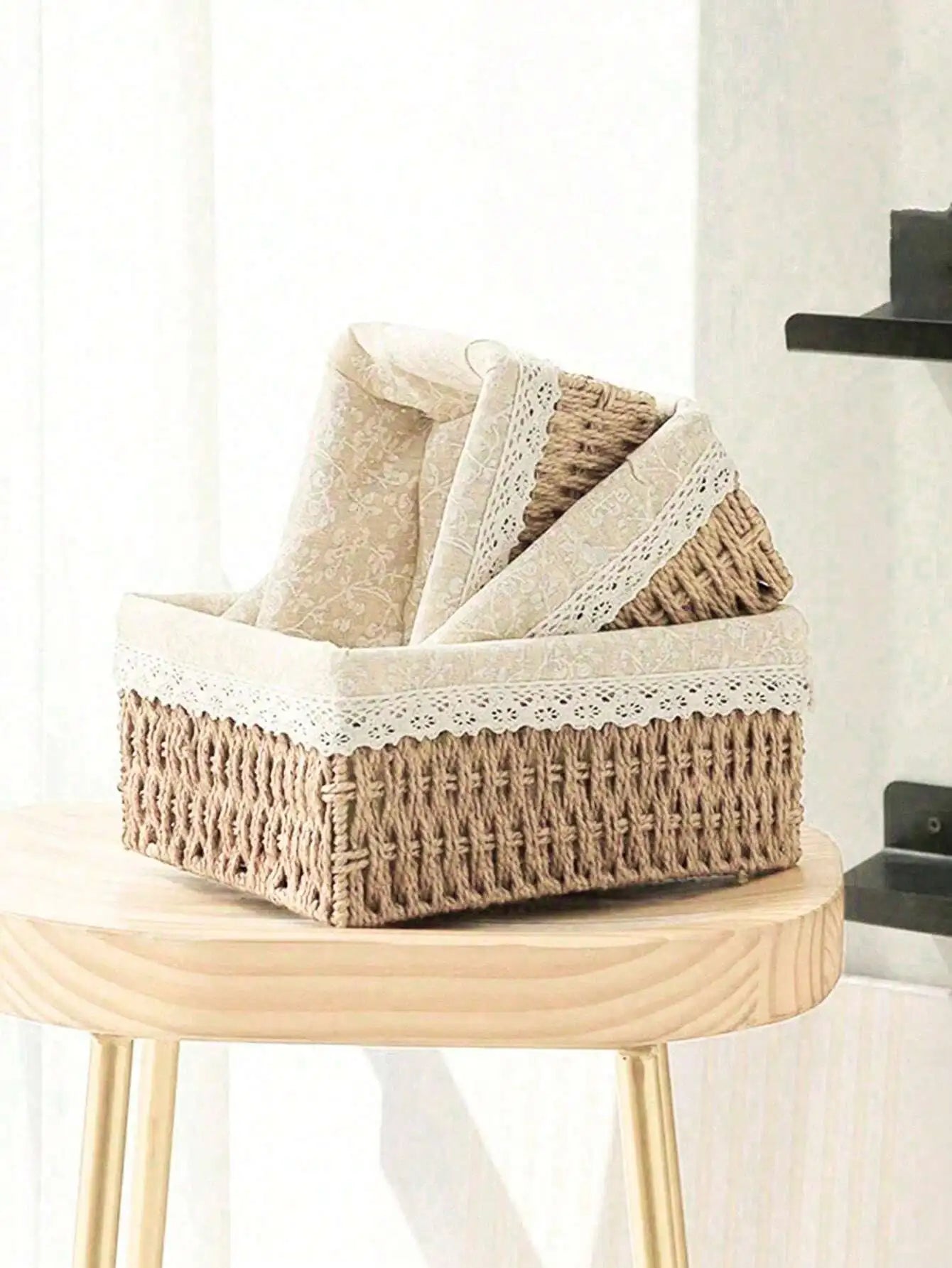 3Pcs  Woven Storage Baskets W/&W/O Cover