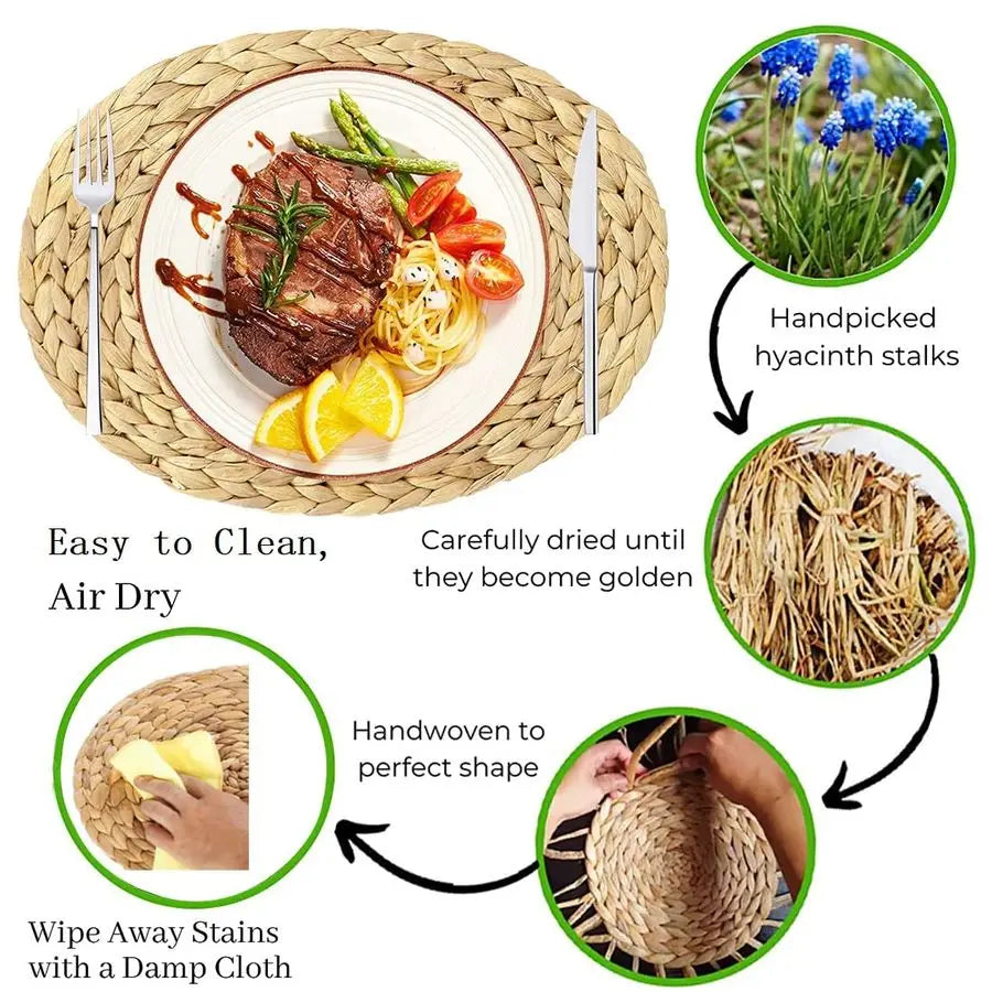 Woven Placemats Set of 6, Natural Water Hyacinth Charger Plates NonSlip Weave
