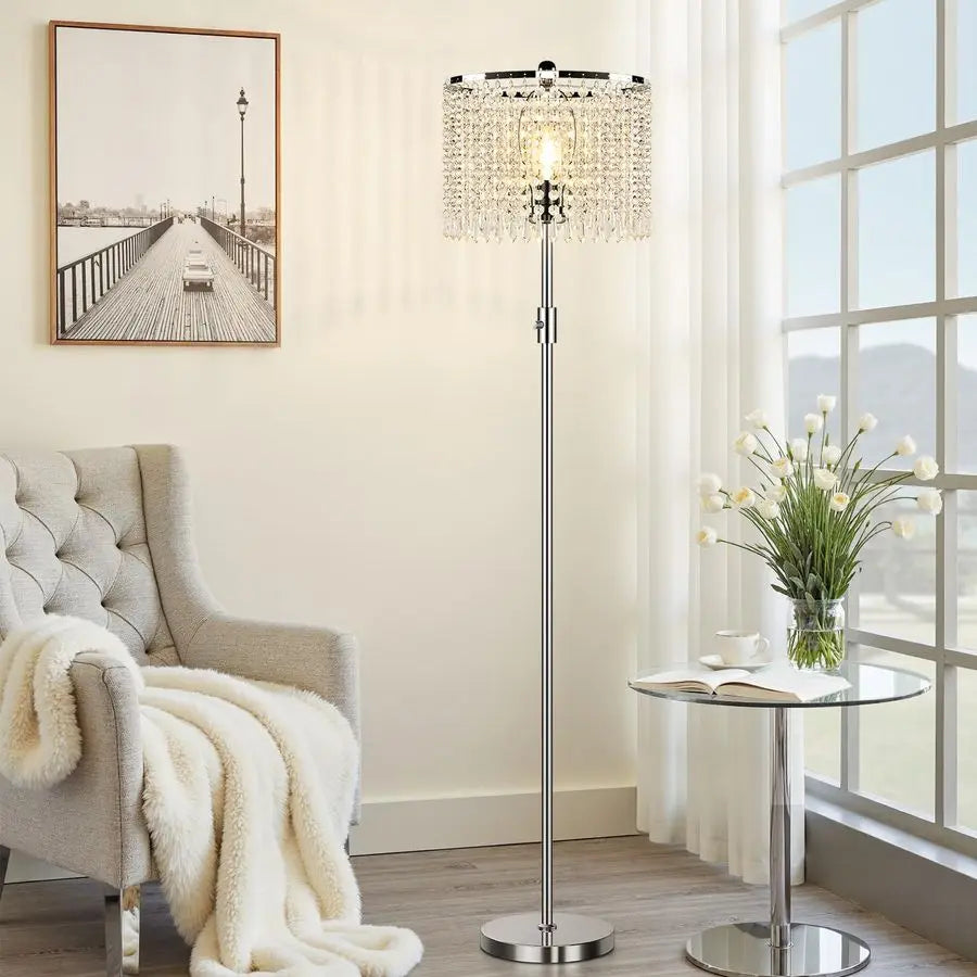 Dimmable Crystal Floor Lamps for Living Room, 1000LM LED Bulb Included, Standing Lamp with Knob Switch, Tall Silver Pole Light f