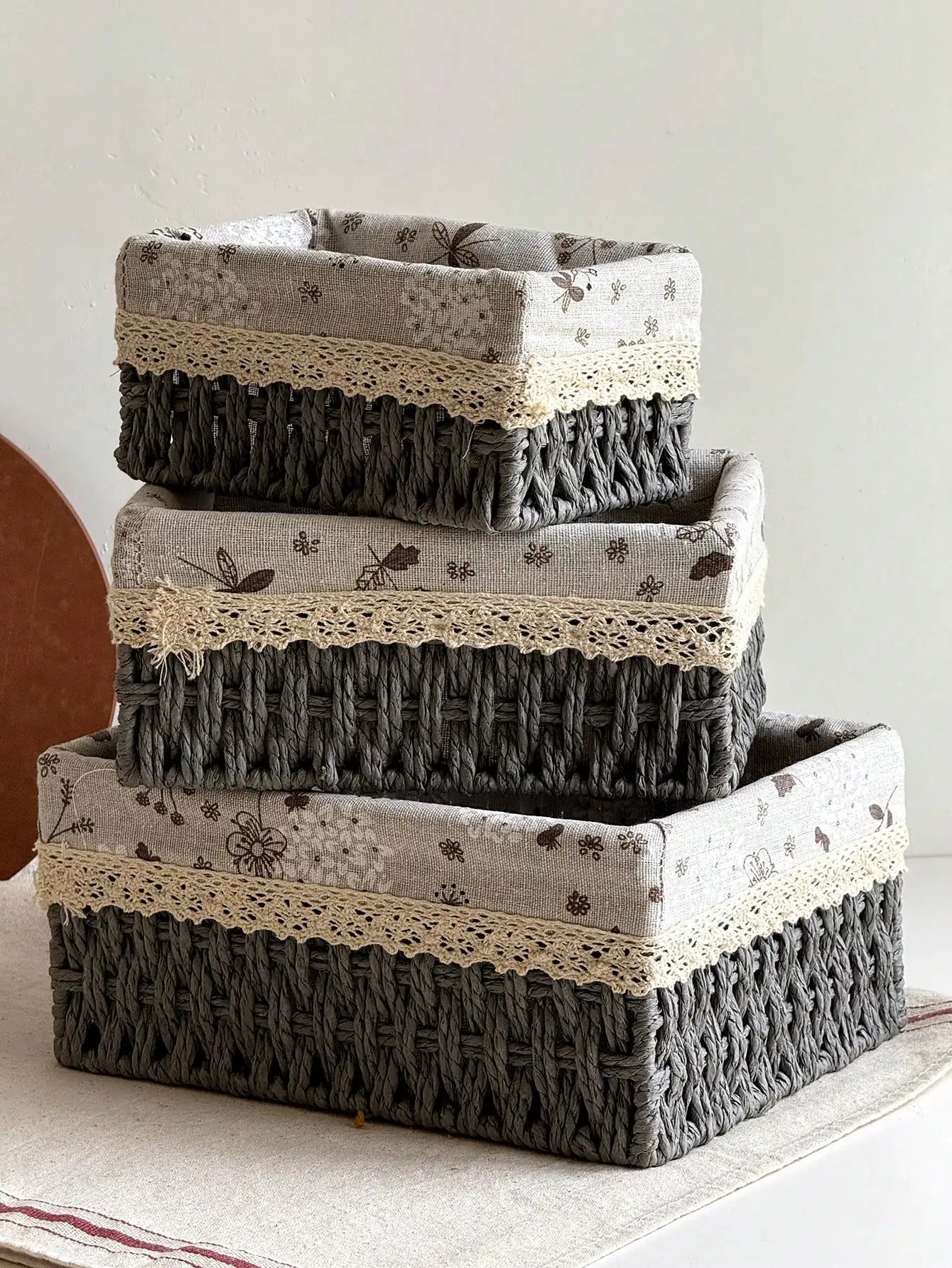 3Pcs  Woven Storage Baskets W/&W/O Cover