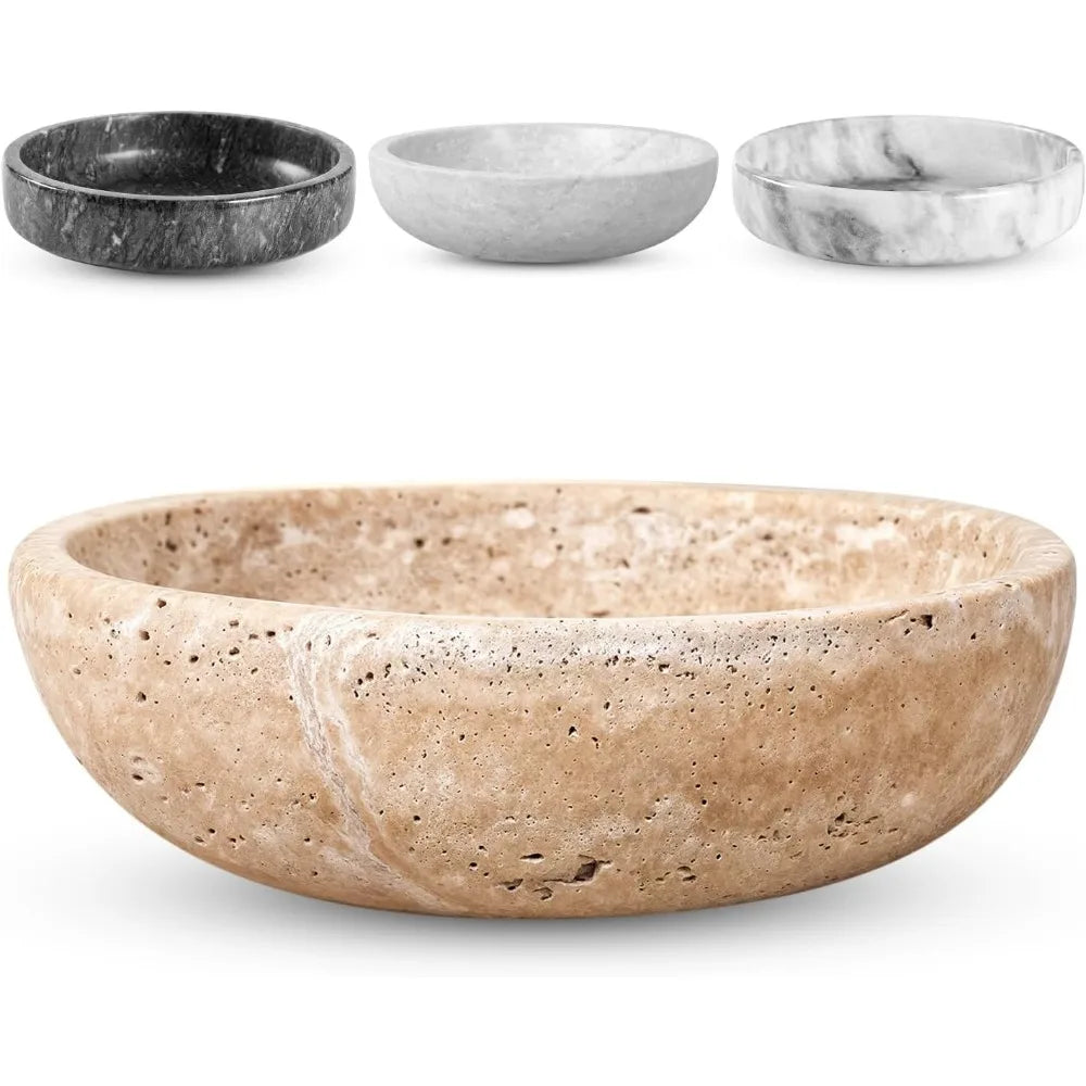 Travertine Decorative Bowl, 7.8" Diameter & 2" Height, Key Bowl for Entryway Table, Organic Modern Centerpiece in Beige/Natural