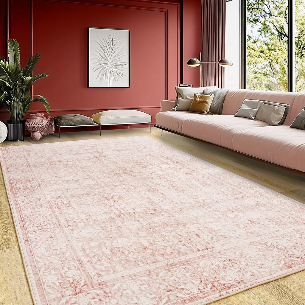 Gnizama pink floral full wall living room large area rug, washable vintageo