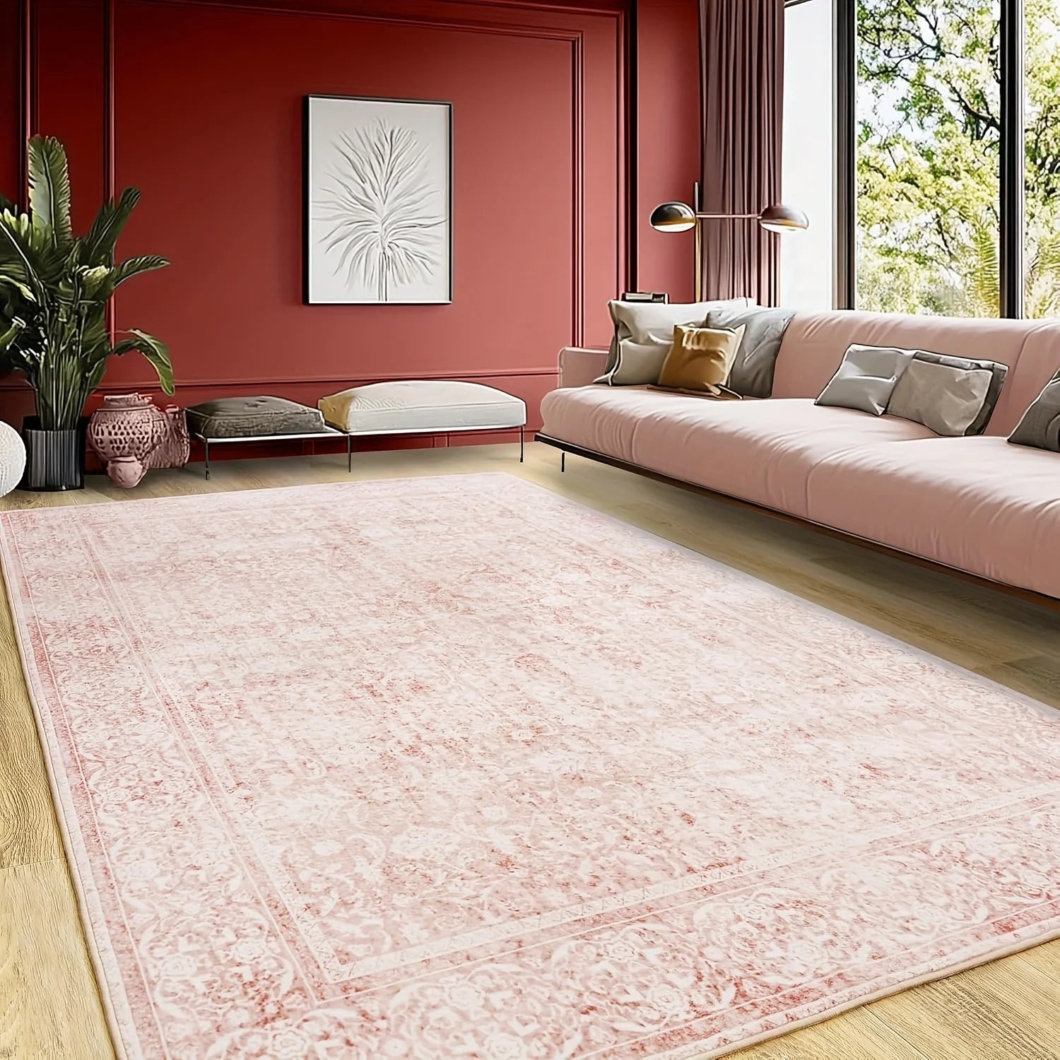Gnizama pink floral full wall living room large area rug, washable vintageo
